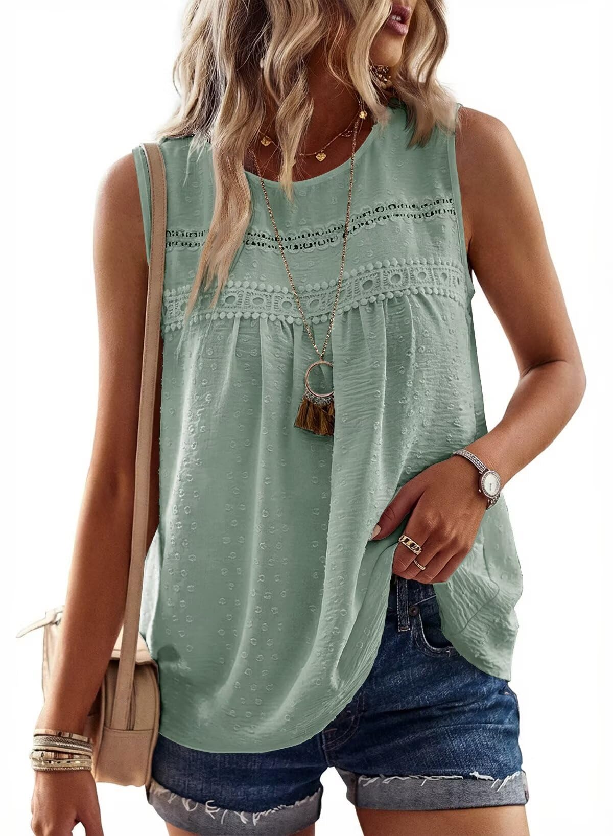 Falechay Tank Tops for Women Flowy Boho Cute Swiss Dots Sleeveless Shirts | Crewneck Loose Fit Summer Blouses, Daily Casual, Hide Belly Fat, Cute Lace Hem Ladies Tunic, Babydoll Crochet Trendy Clothes