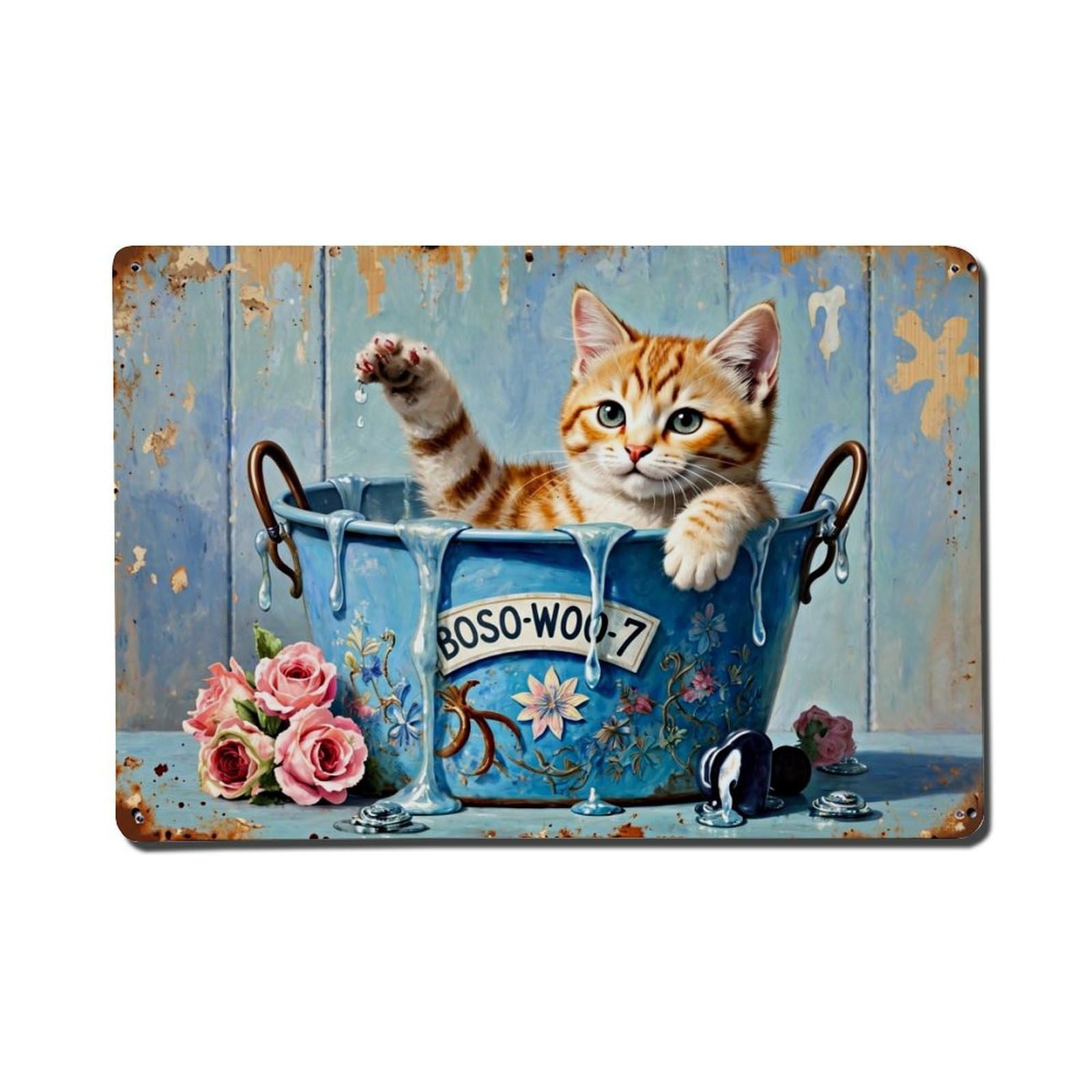 Nestemfo Vintage Floral Pattern On Blue Bucket Tin Sign Metal Sign, Living Room,Bar, Home, Bedroom Wall Decor,Retro Metal Poster 8X12 Inches