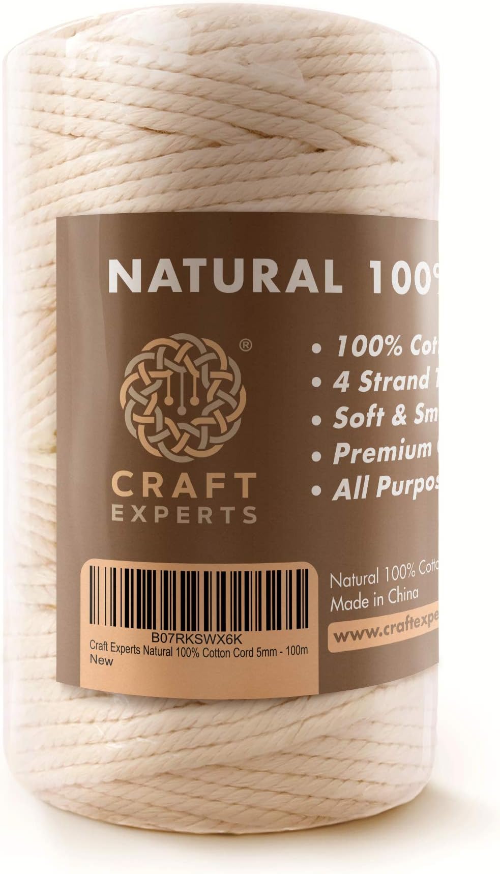 Macrame Cord 5mm x 100m by Craft Experts™ | 4 Strand Twisted | 100% Natural Cotton Macrame Rope for Beautiful Wall Hangings, DIY Crafts, Plant Hangers