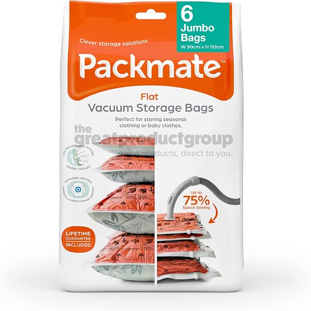 Packmate 6 Jumbo 110 x 90cm Flat Vacuum Storage Bags | Ideal for Storing Clothes, Bedding, Duvets, Towels, Pillows, Coats, Jackets and Much More