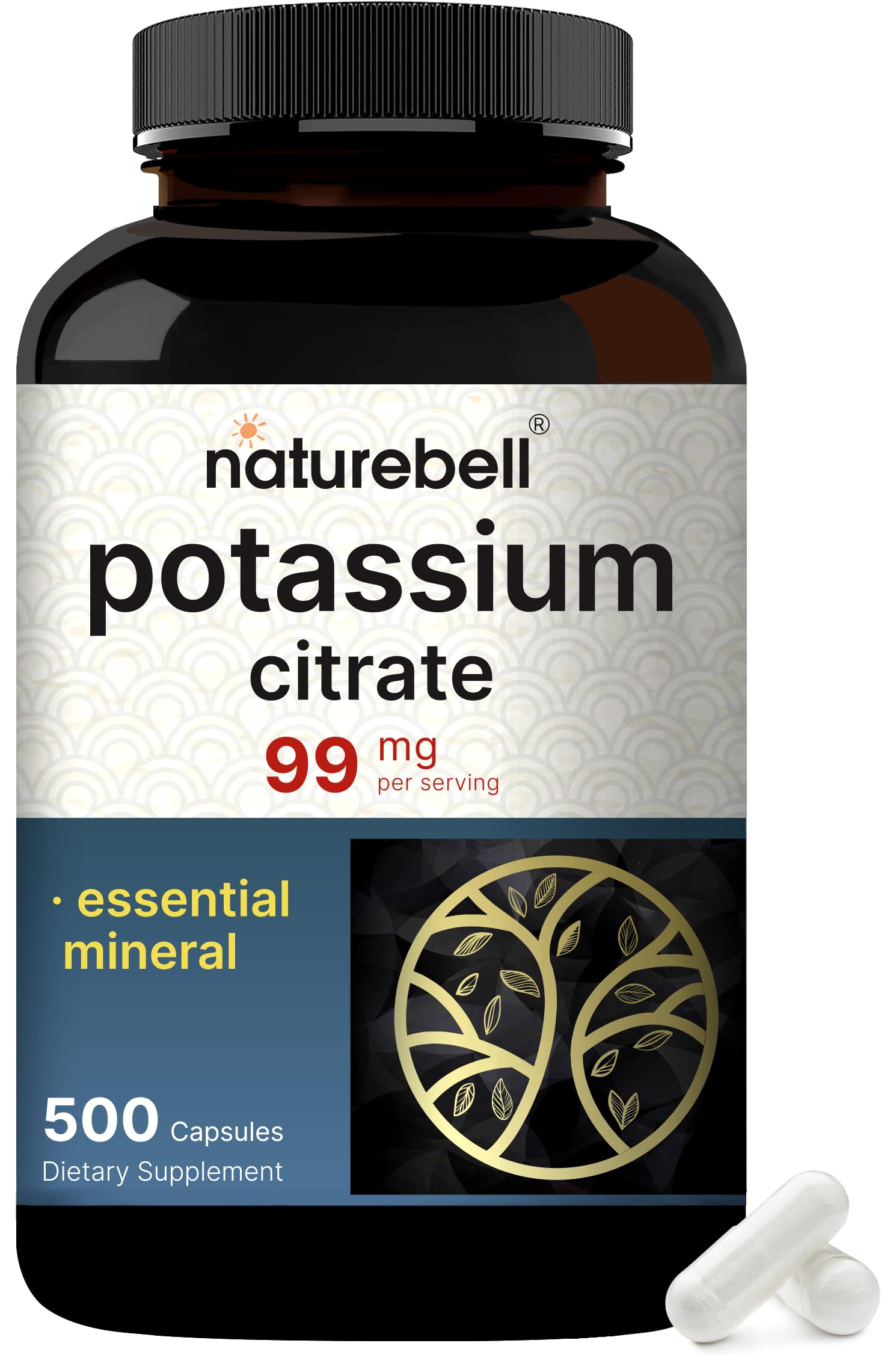NatureBell Potassium Citrate Supplement, 99 mg, 500 Capsules | Easy Absorption Chelated Form - Essential Mineral and Electrolyte Balance - Supports Muscle, Bone & Cardiovascular Health