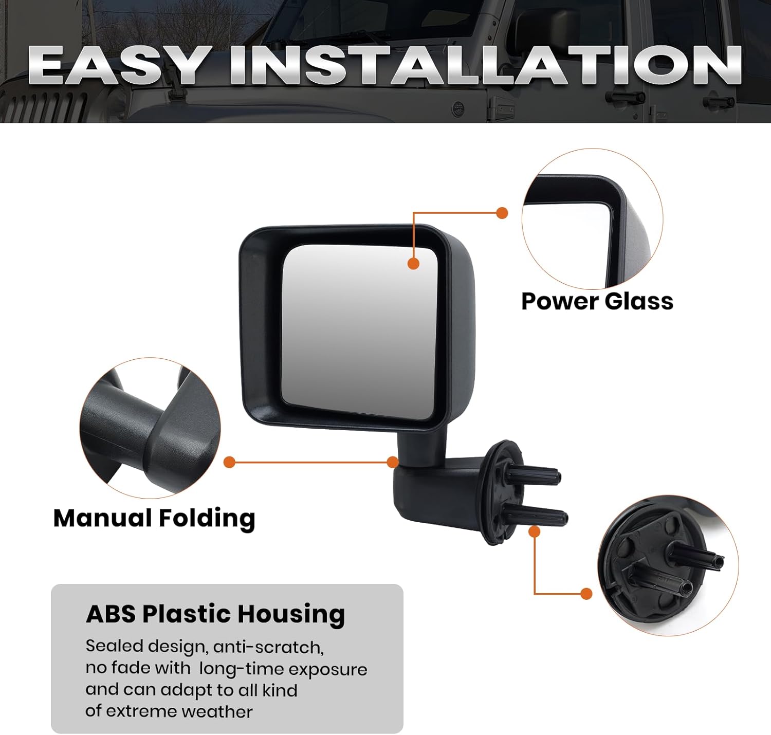 Left Driver Side Mirror Compatible with Jeep Wrangler JK 2007 2008 2009 2010 2011 2012 2013 2014 2015 2016 2017 Full Manual Non-Heated Door Rear View Replacement