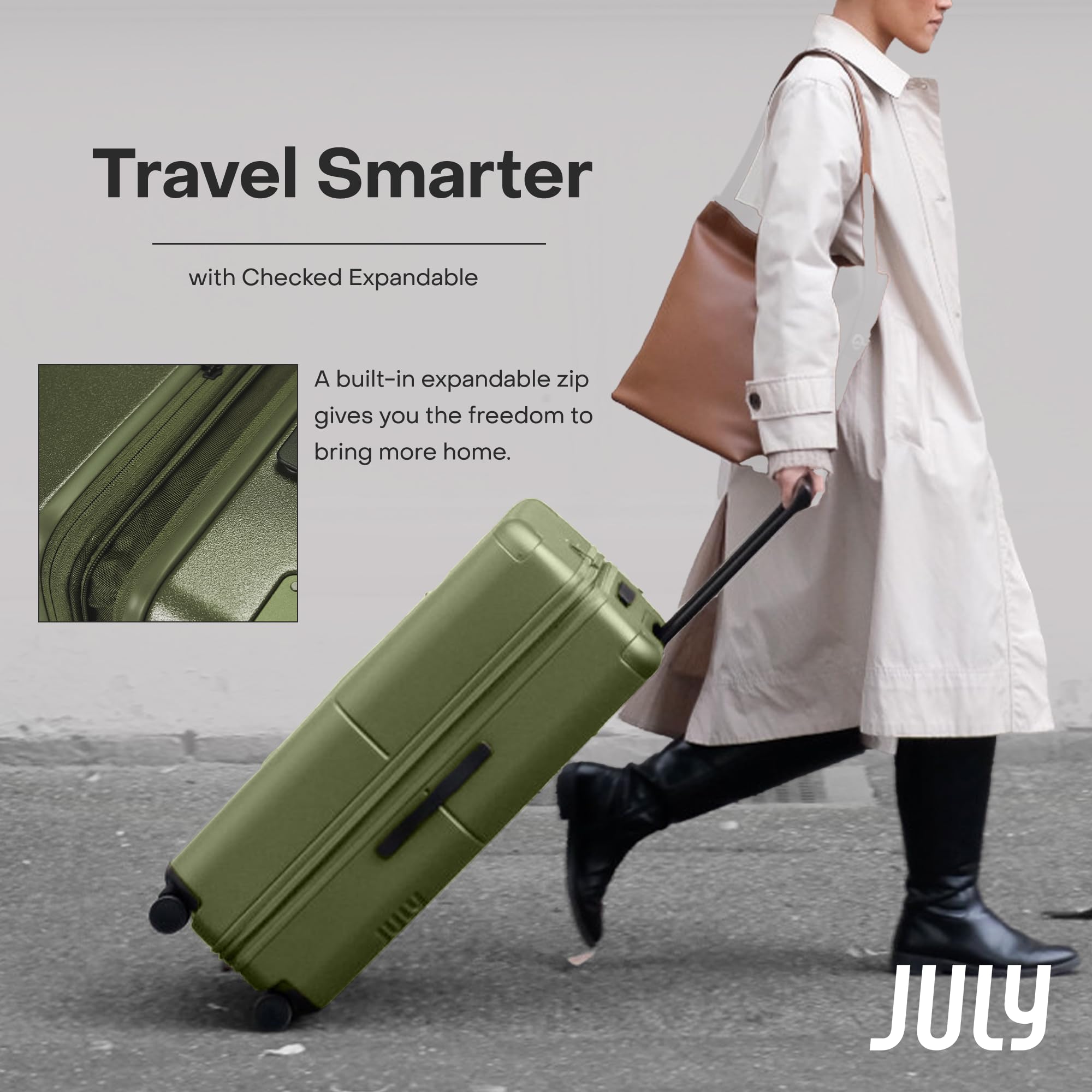 July Checked - Valigia espandibile da 62,2 cm, approvata dalle compagnie aeree, con ruote, trolley per uomini e donne, con serratura TSA, ruote girevoli, cerniera di espansione, cinturino a Y, muschio