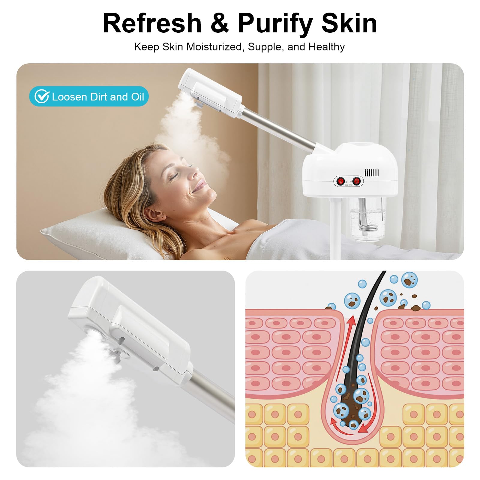 Vaporizador Facial Sauna Vapor de Ozono Profesional Doble Tubo Apagado Automático