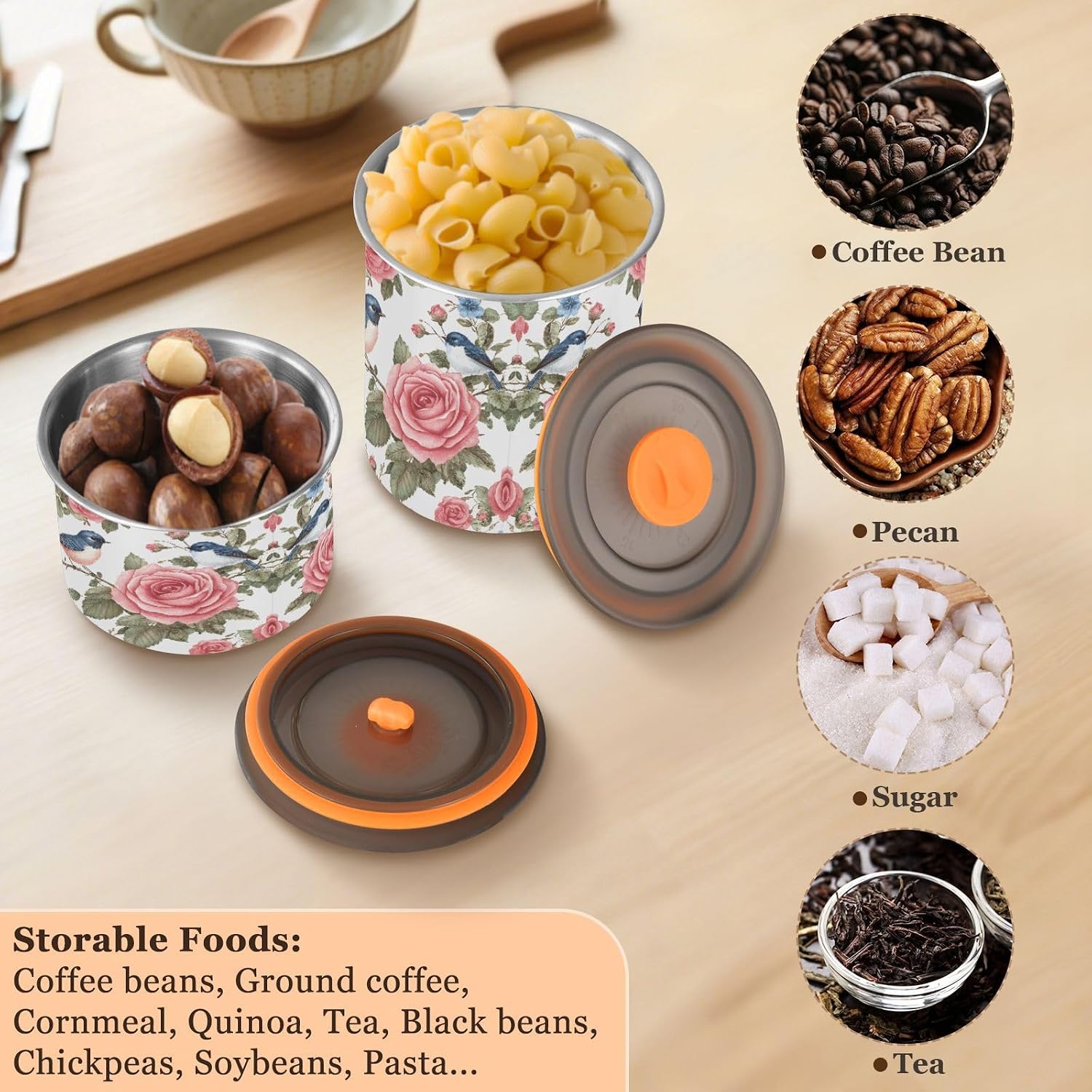 Stainless Steel Coffee Storage Containers with Airtight Lid, Rose Flowers Birds 30oz Food Storage Container Kitchen Canister for Tea, Coffee Beans, Ground, Sugar Storage