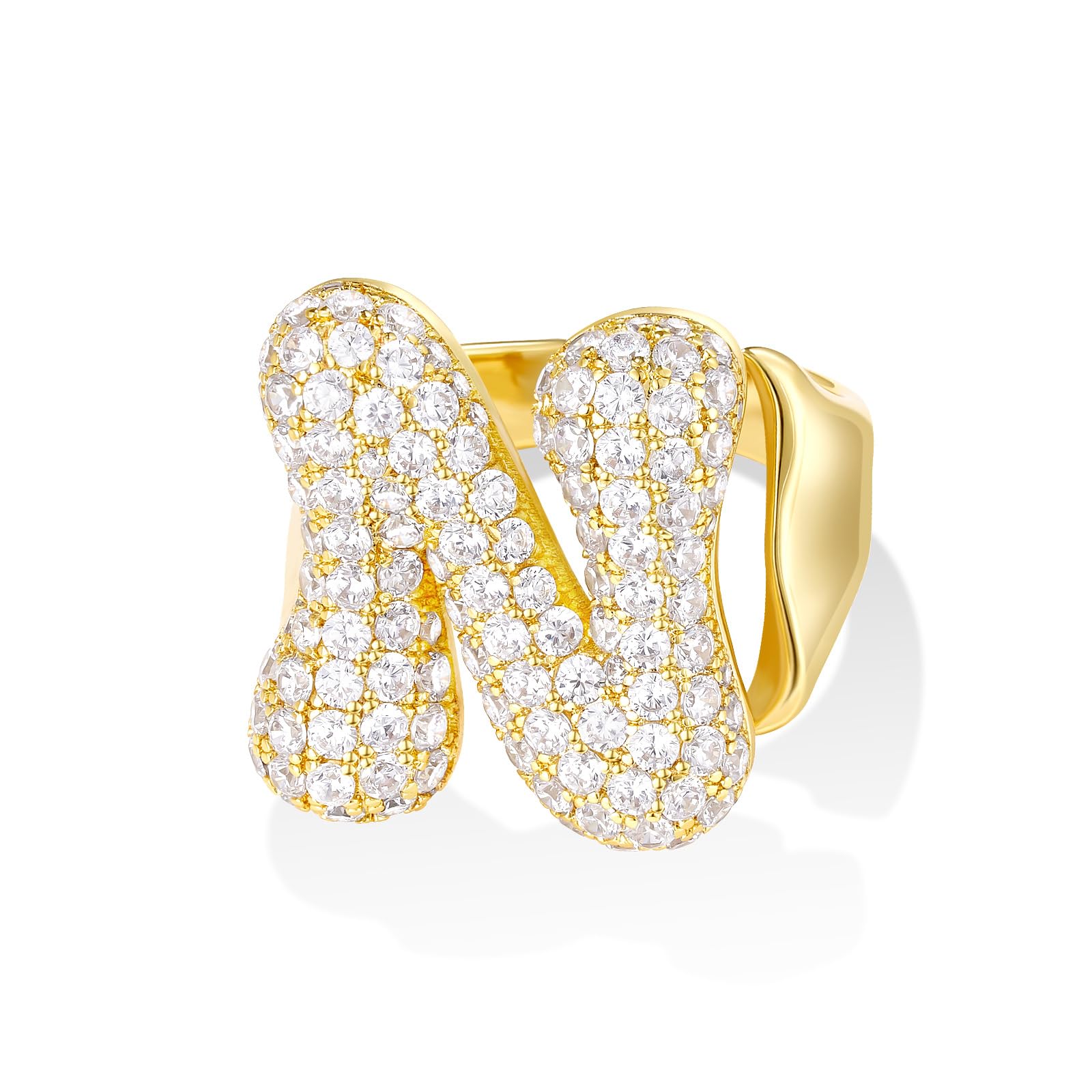 KissYan Bubble Initial Ring Valentines Day Gifts for Women, 14k Gold Plate Balloon Jumbo Letter Rings Open Adjustable Dainty Pave CZ Personalized