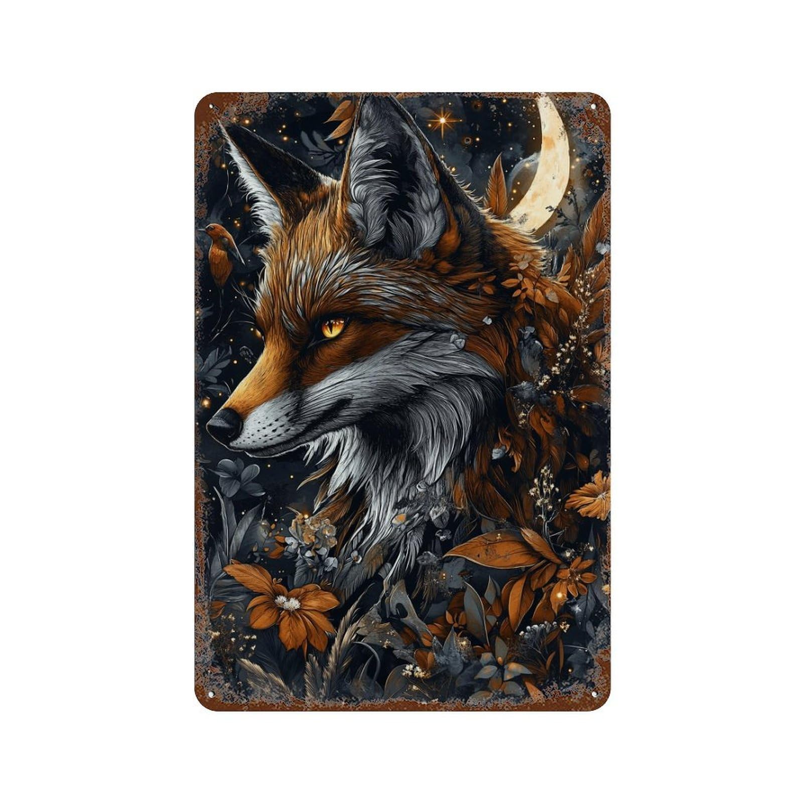 Fox Moonlit Garden Art Print Rusty Metal Tin Sign 11.8"x7.9", Classic Wall Plaque for Pub, Kitchen And Man Cave Decor
