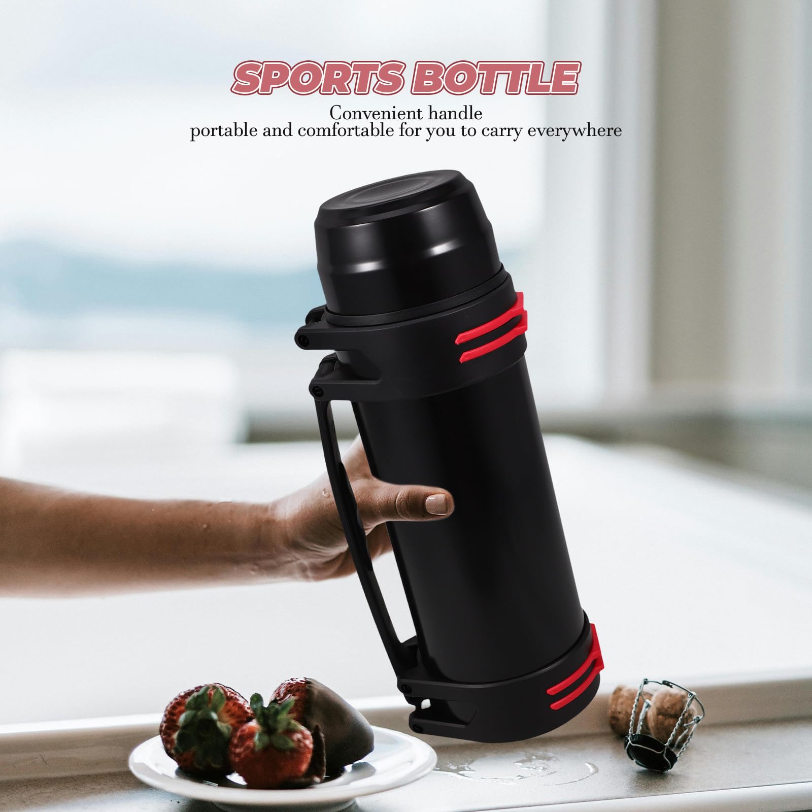 Operitacx Vakuumisolierte Edelstahl Sportflasche 2000ml Doppelwandige Isolierflasche Auslaufsicher mit Griff und Silikonring zum Reisen und Unterwegs im Auto Zufällige Farbe Zufälliger Stil