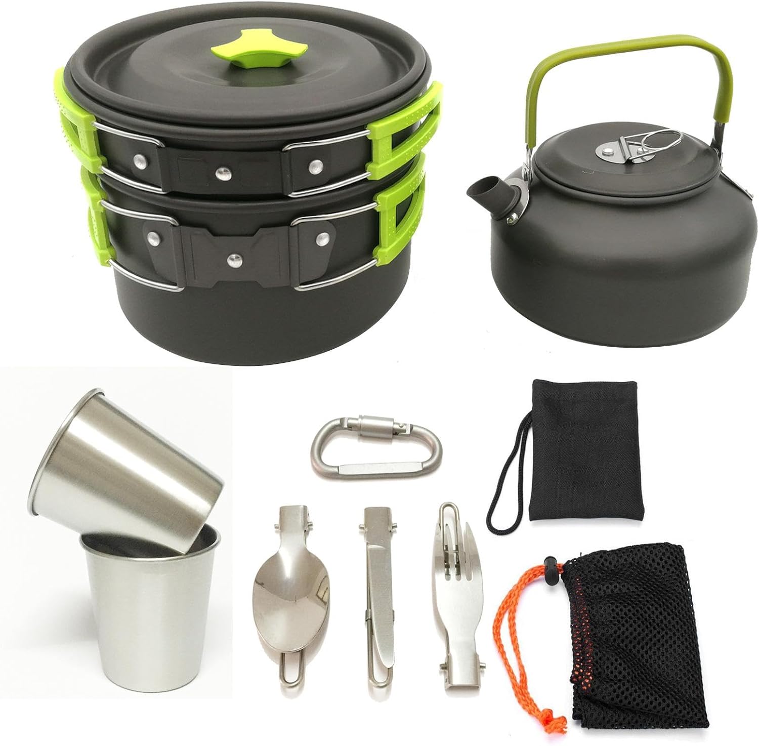 Camping Cookware Mess Kit, Lightweight Pot Pan Kettle with 2 Cups, Fork Spoon Kit Stainless Steel, Gray for Backpacking, Outdoor Camping Hiking and Picnic