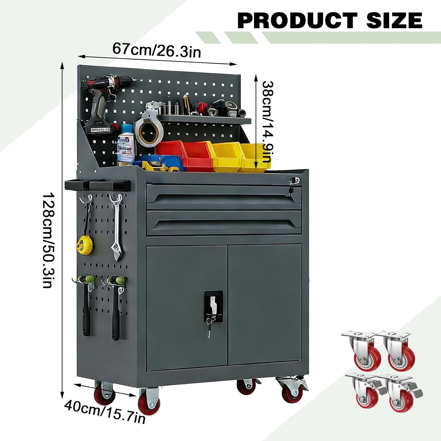 Heavy Duty Rolling Tool Cart, Mobile Tool Chest with Locking Wheels, Mobile Tool Storage Cabinet, with 2 Lockable Drawers, Adjustable Shelf, for Garage Workshop (Grey)