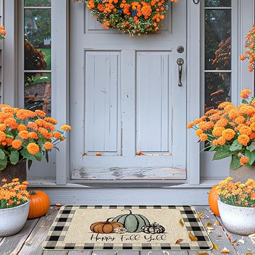 Miniatura 5 de Felpudo de otoño con diseño de calabaza a cuadros de búfalo de otoño para puerta de casa de campo, alfombra de pasillo de entrada de perfil bajo