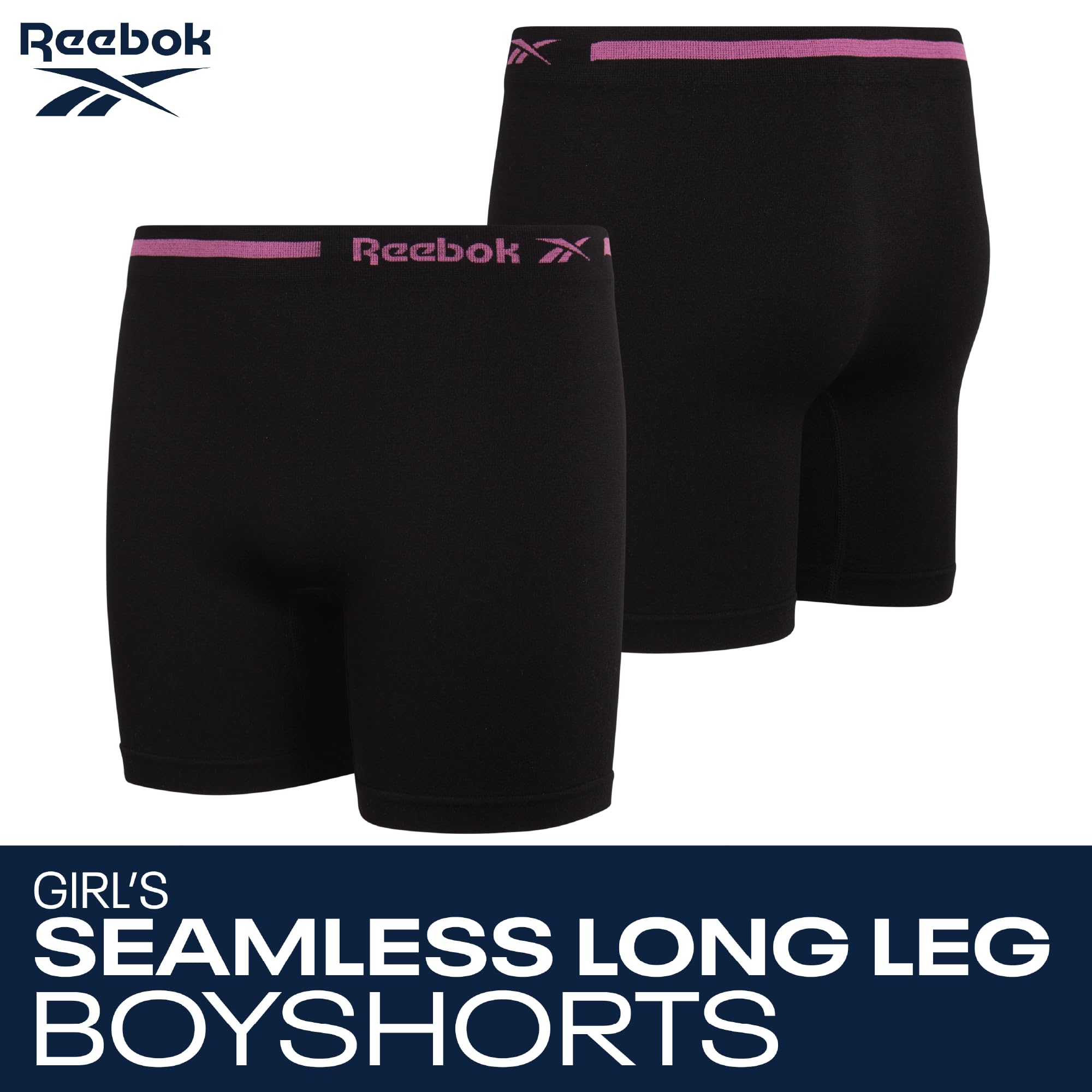 Reebok Pantalones cortos para niñas, paquete de 4 pantalones cortos suaves sin costuras de pierna larga, pantalones cortos para niñas (6-16)