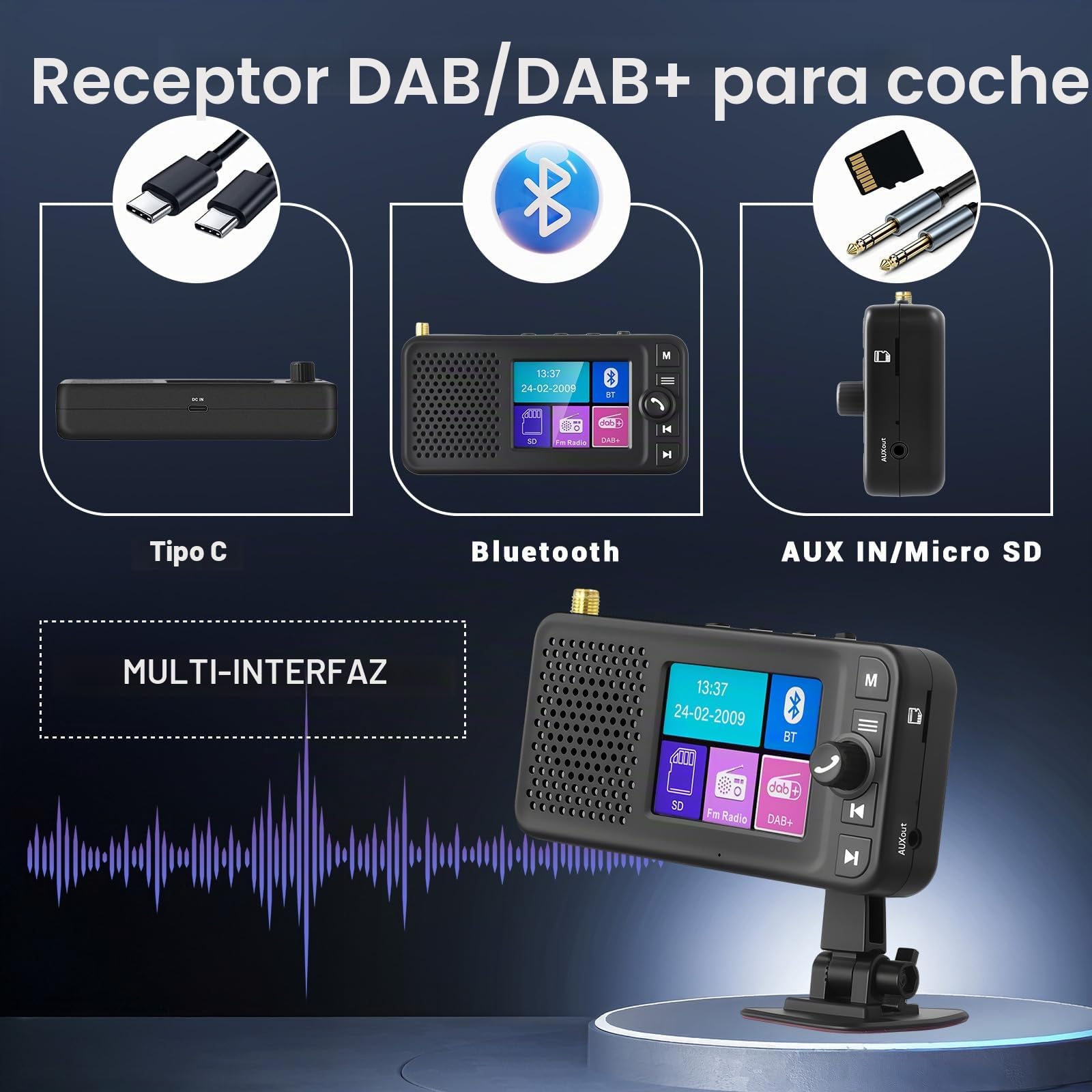 Hikity Adaptador Dab+ Radio Coche 2,4" LCD BT FM Cargador | Transmisor DAB/FM. Bluetooth para Música. Entrada/Salida Auxiliar