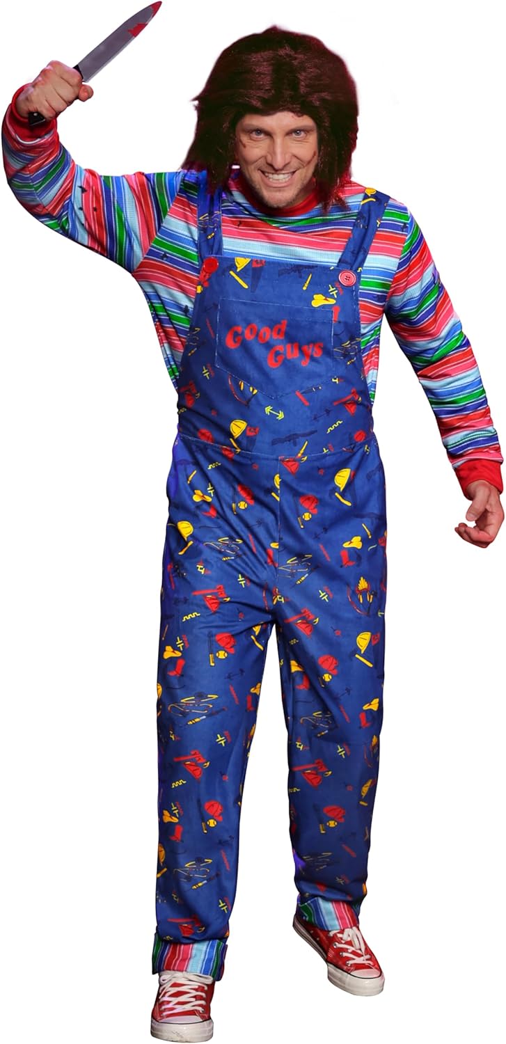 Mainfini 5 Pcs Killer Doll Costume Men Wig Knife Tattoo Scars Overalls Prop Tshirt Full Set Horror Movie Jumpsuit (S-3XL)