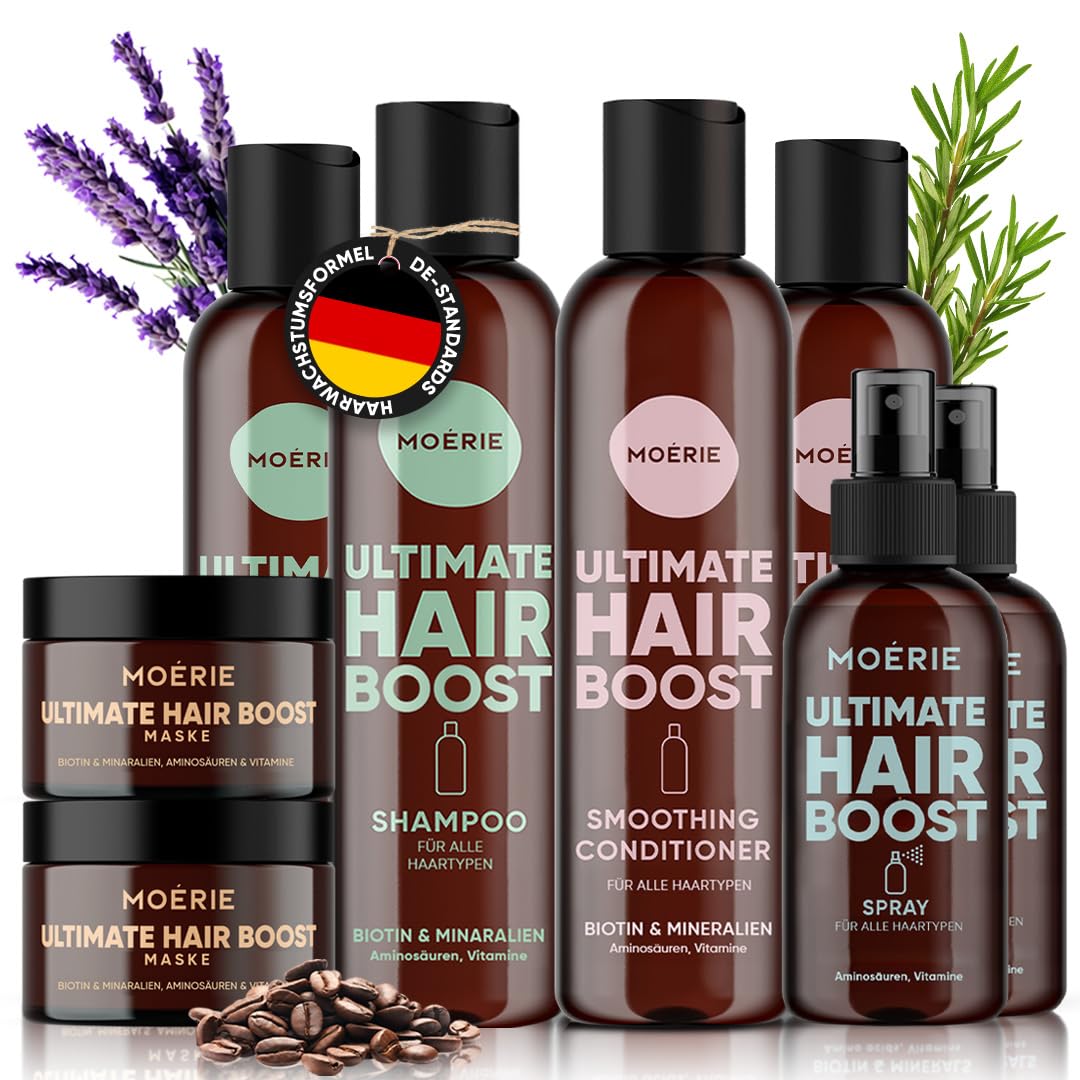 MOERIE Shampoo Set - gegen Haarausfall, Conditioner, Haarwachstum Serum & Haarmaske - natürlich Haarwachstum beschleunigen - Veganes Haarwuchsmittel Frauen & Männer - 77 Mineralien (8er-Set)