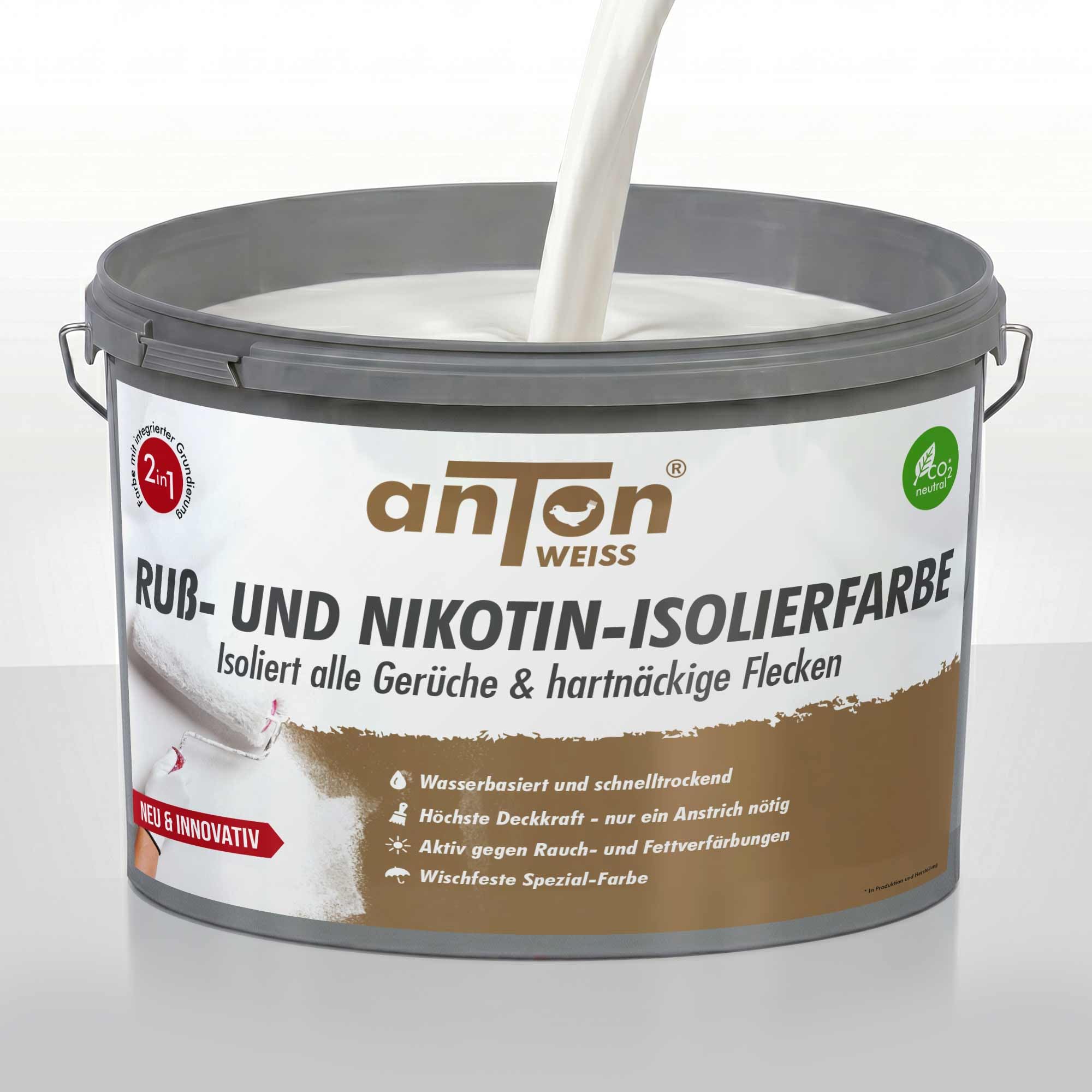 Anton Ruß- und Nikotin Isolierfarbe 17 Kg | Geruchsbindend gegen Nikotin, Ruß & Rauchgerüche | Hochdeckend | Nikotinsperre bei Ruß-und Nikotinflecken | 80-90m² | vergilbte Wände wieder weiss