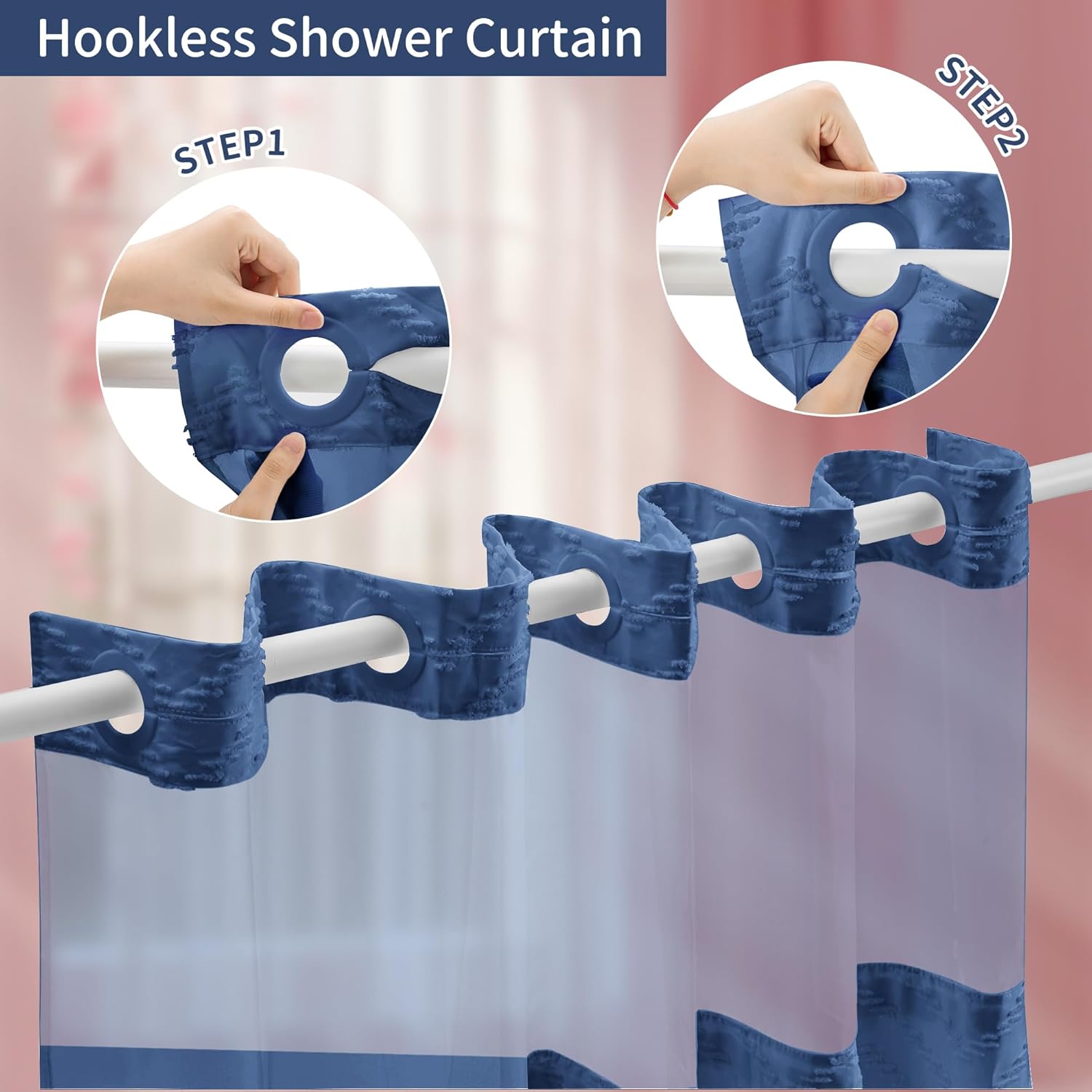 Hookless Shower Curtain with Snap in Liner 71" x 86" Double-Layer Waterproof Polyester Shower Curtain for Bathroom or Hotel Use,Removable Liner,Magnetic Hem,Large Rings,Machine Washable,Navy Blue
