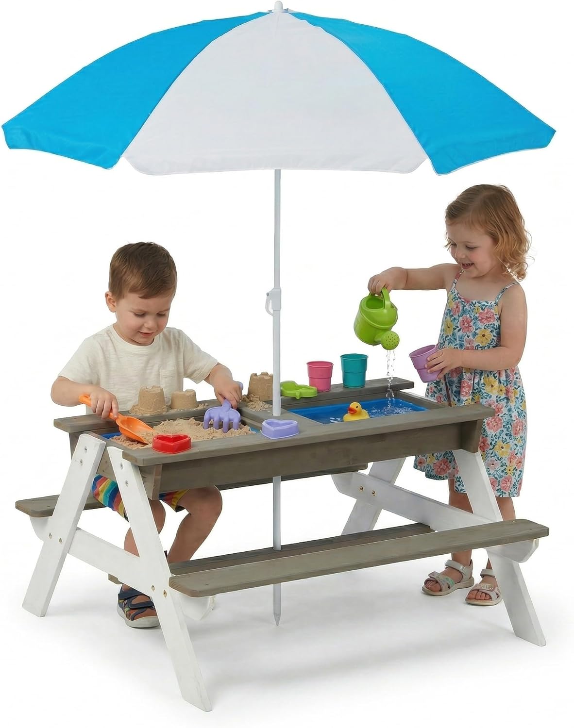 Kids Picnic Table, 3-in-1 Wooden Sand and Water Table with 2 Removable Box & Umbrella, Outdoor Activity Table for Backyard Patio Play