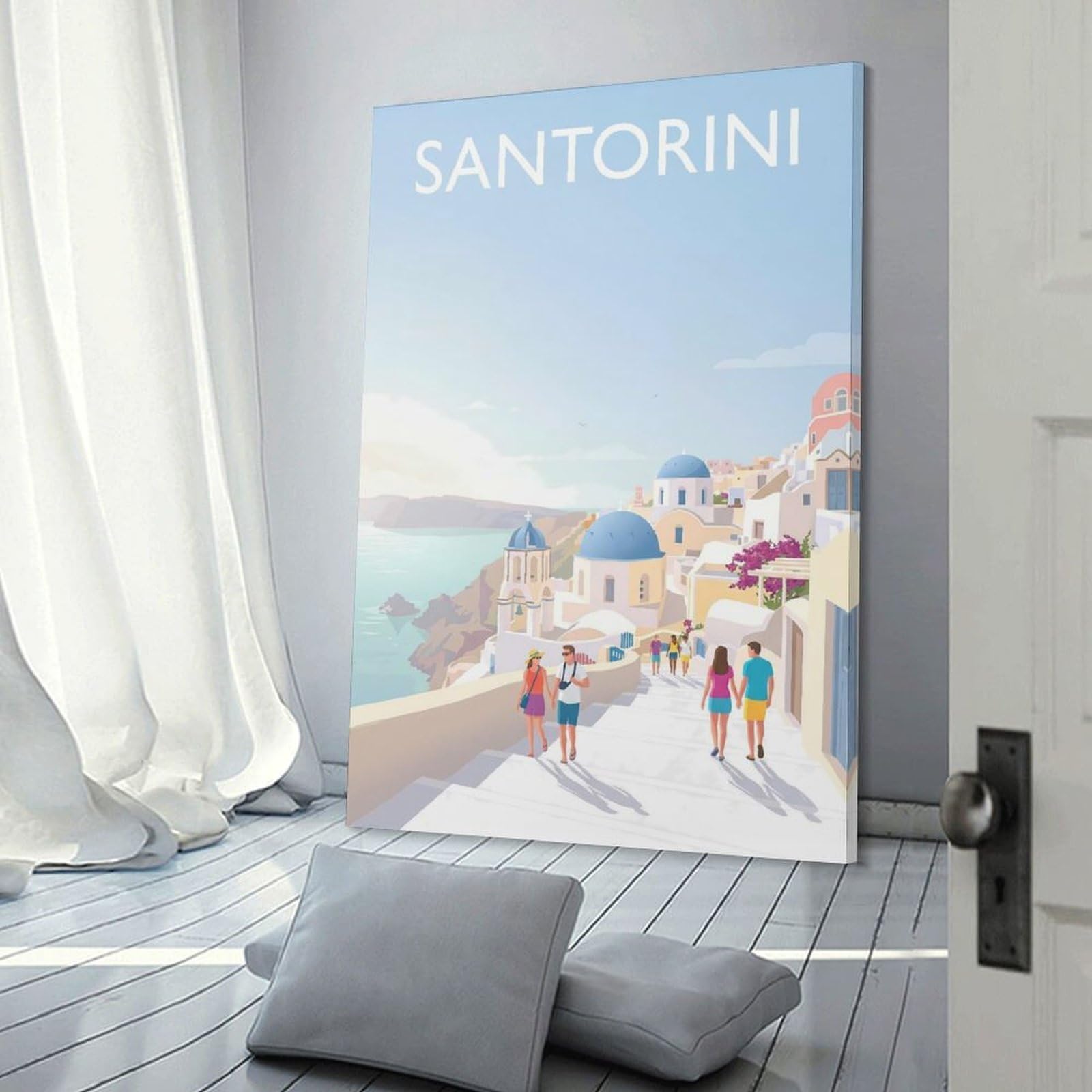 Junmoney Wall Art Print Santorini Greece, 24x36inch(60x90cm), for Bedrooms, Workspaces And Everyday Interiors, Stylish Home Artwork for Focal Walls