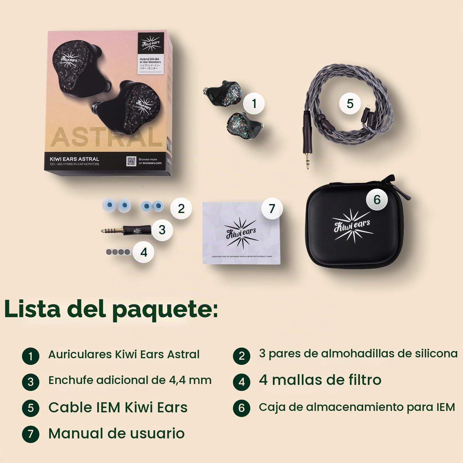Linsoul Kiwi Ears Astral 1DD+6BA In Ear Monitor Híbrido,Auriculares con Cable,Audífonos HiFi para Estudio de Grabación,IEM Portátil para Gaming, Ingeniero Musical Audiofilo Profesional (Verde)