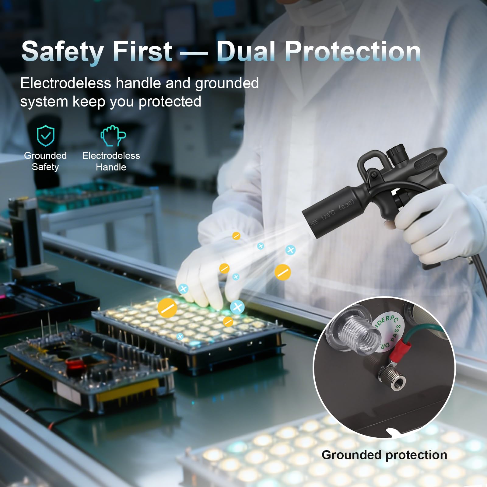 Pistola de aire antiestática, eliminador electrostático con conexión a tierra de seguridad y generador de alto voltaje para eliminación electrostática industrial