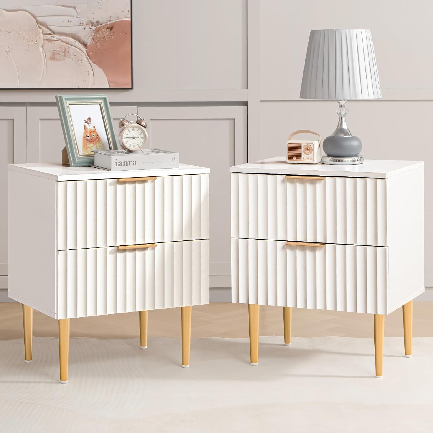 SICOTAS White Night Stand Set 2, Fluted Glossy Nightstand with 2 Drawers, Wide Modern Storage Bedside Table for Bedroom, End Side Table with Golden Metal Legs and Handles (White, 2 Pieces)