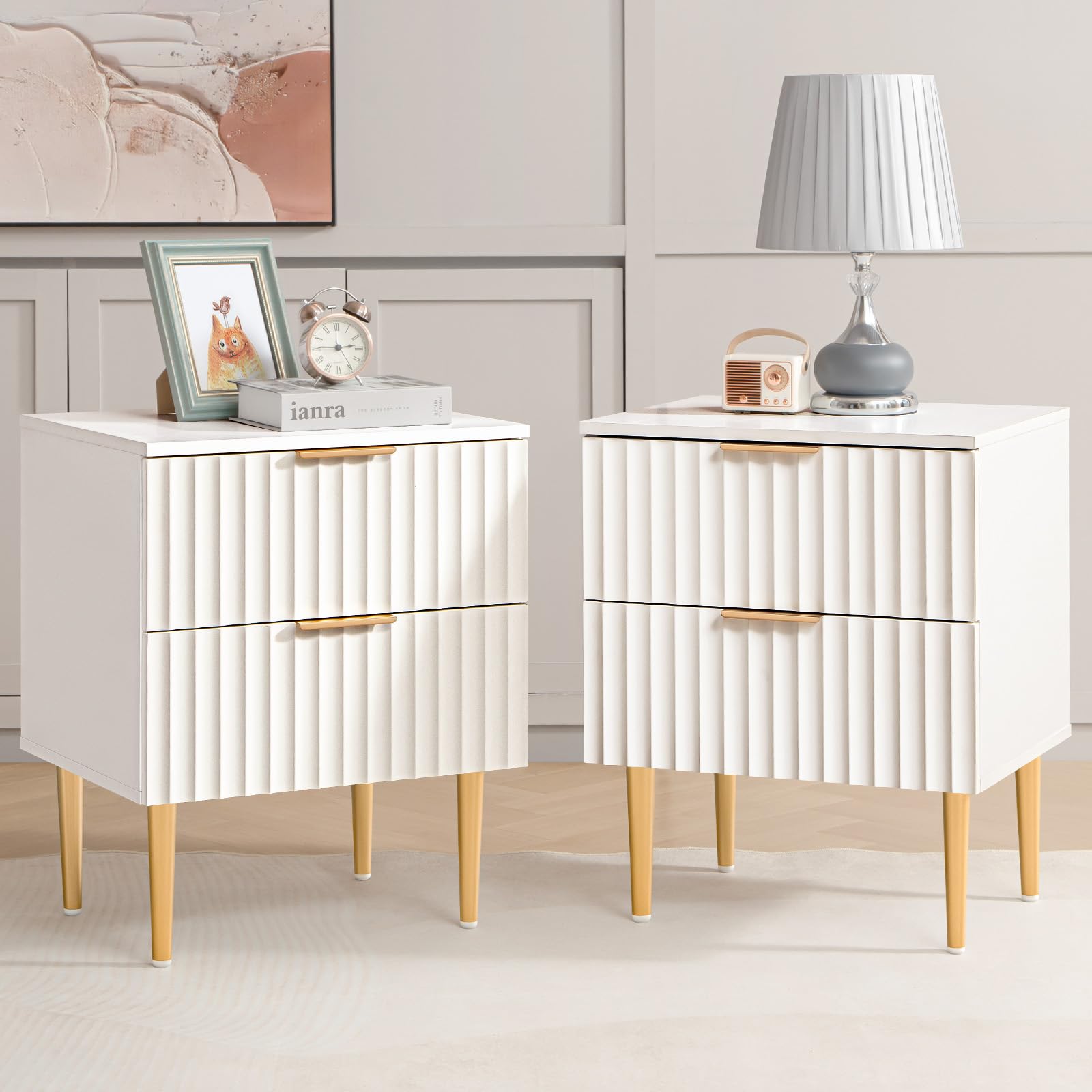 SICOTAS White Night Stand Set 2, Fluted Glossy Nightstand with 2 Drawers, Wide Modern Storage Bedside Table for Bedroom, End Side Table with Golden Metal Legs and Handles (White, 2 Pieces)