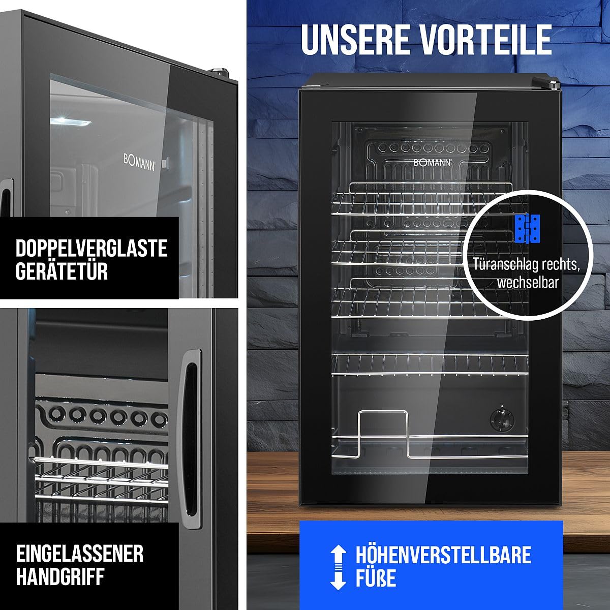 Bomann KSG 7287 Getränkekühlschrank 63 Liter stufenlos regelbar 3-10°C Glastür LED-Beleuchtung leise energieeffizient