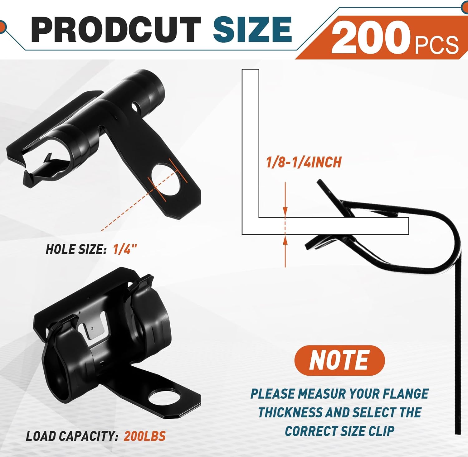 Hicarer 200 Pcs Hammer-On Flange Clip Side Mount 1/8-1/4 Inch Beam Clamp with Hole Cable Clip for Flanges Spring Steel