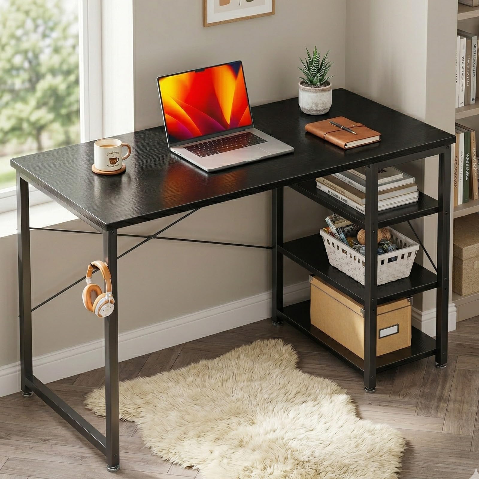 Callas Computer Desk with Side Storage Shelves for Home Office, Study Table for Laptop, Writing & Workstation – Sturdy Metal Frame & Wooden Top (ST-24-Black)