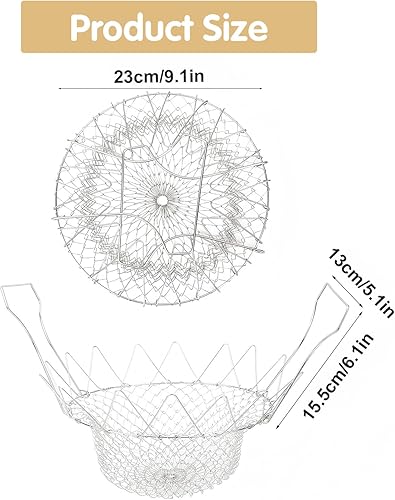 Miniatura 2 de Cesta coladora de malla de acero inoxidable para freír, plegable, colador de alimentos fritos para freír, cocer al vapor, colar, enjuagar (9.1 x 9.1