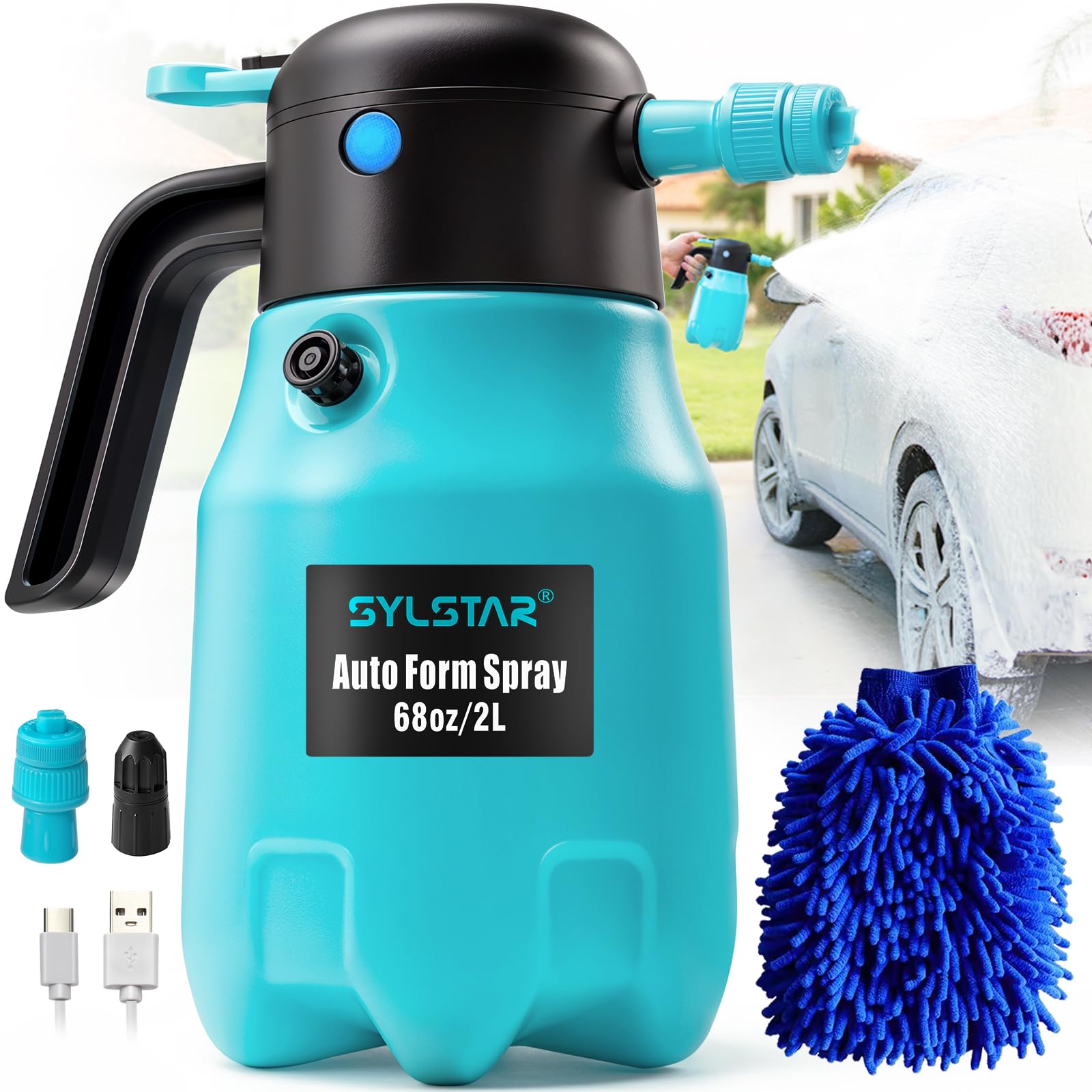 SYLSTAR Pulverizador de Espuma 2L, 7.4V Pistola de Espuma con Batería, 4,2 Bar de Potencia Pompa Irroratrice, 2 Boquillas para Detailing Automotriz, Limpieza de Vehículos (Espuma/Chorro Agua)