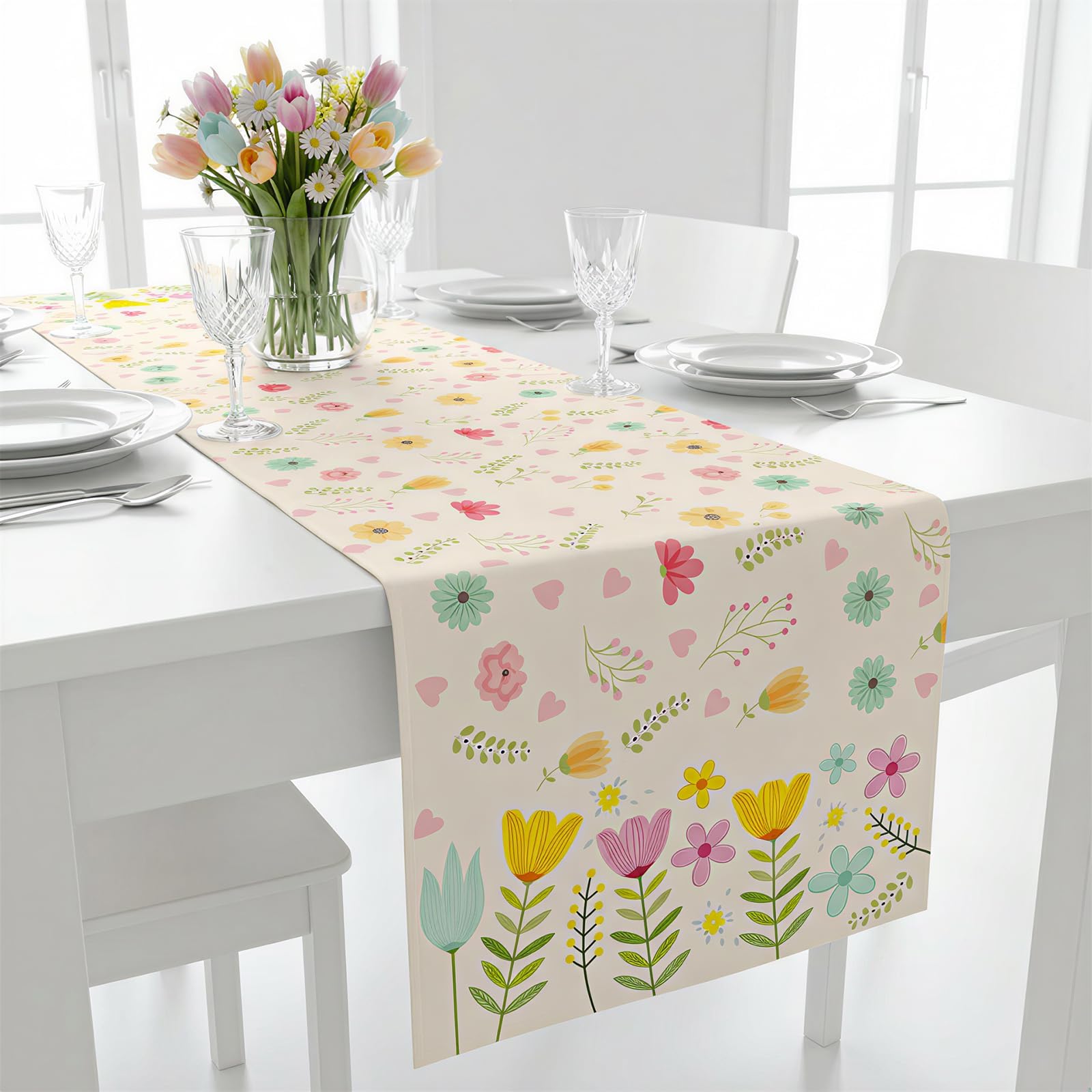 Flowers Spring Table Runner for Dining Table Seasonal Spring Summer Kitchen Dining Table Decoration for Home Party 13.8x70.87 inches