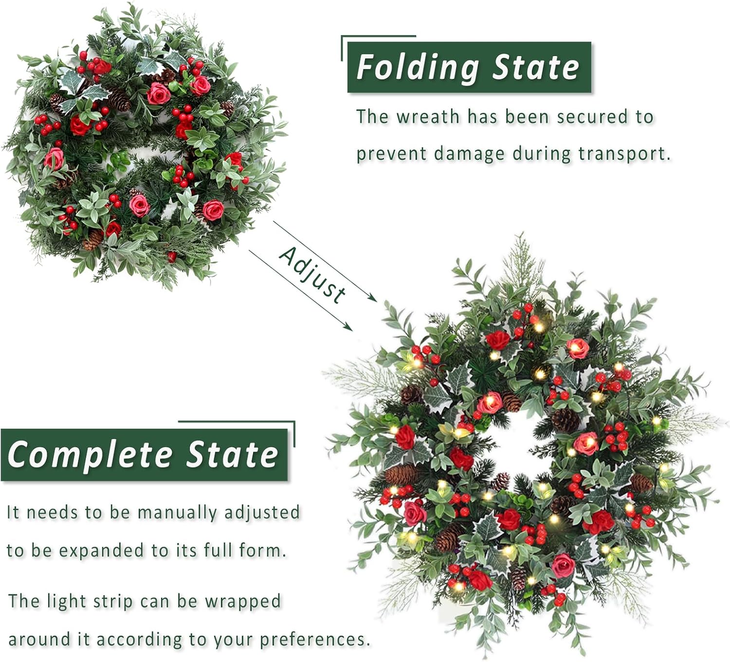 28Inch Christmas Wreath for Front Door, Artificial Real Touch Xmas Wreath with Warm Lights Faux Greenery Pinecone Berries for Outdoor Indoor Wall Table Home Holiday Christmas Front Door Decorations