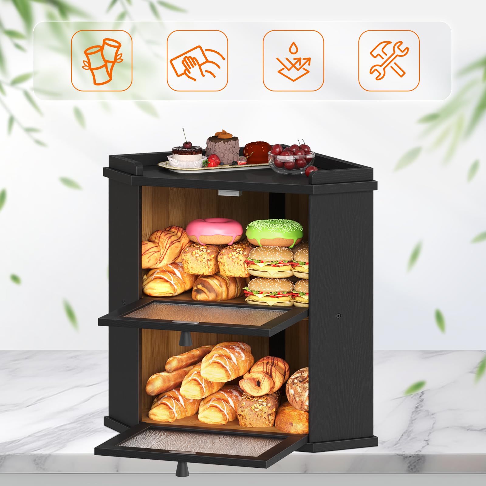 HOOBRO Portapane in Bambù a 2 Livelli con Ripiano Superiore, Porta Pane da Cucina con Piano con Sponde, Contenitore Pane per Cucina e Sala da Pranzo, Nero EBK19MB01