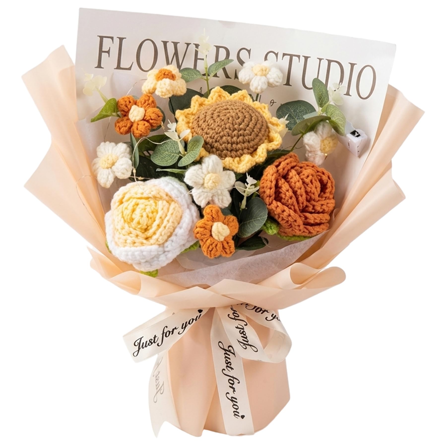 Ameble Crochet Flower Bouquet Knitted Roses & Tulips Long Lasting Bouquet of Crochet Flowers for Birthday Mother Teacher Home Decor Champagne