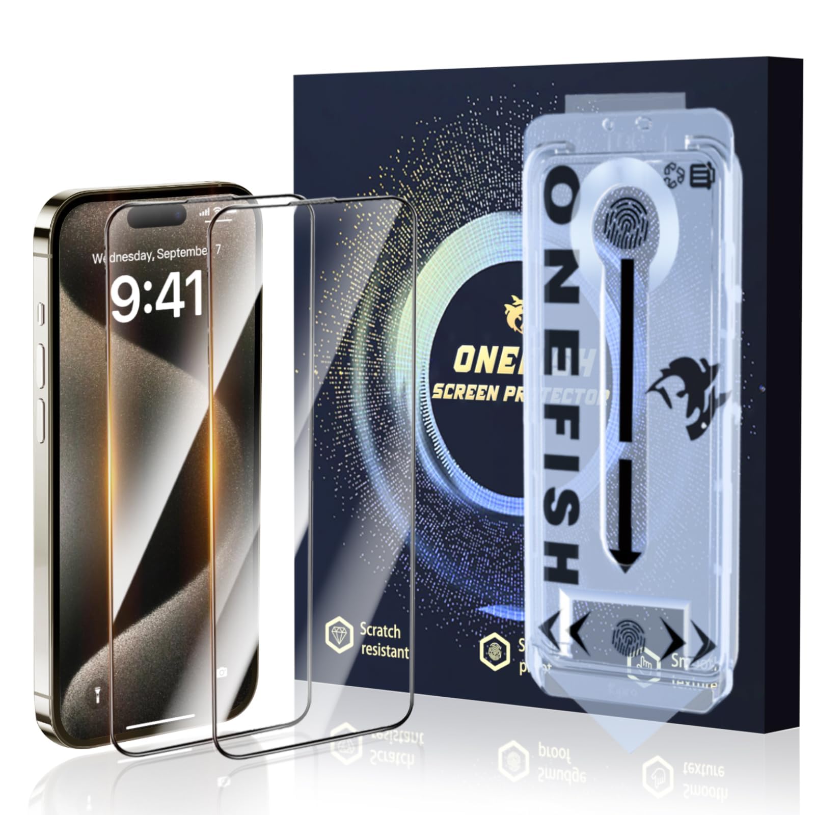 OneFish for iPhone 16 Pro 6.3 inch Tempered Glass Screen Protector 2 Pack Auto Dust-Elimination Easy Installation HD Clear Screen Protector