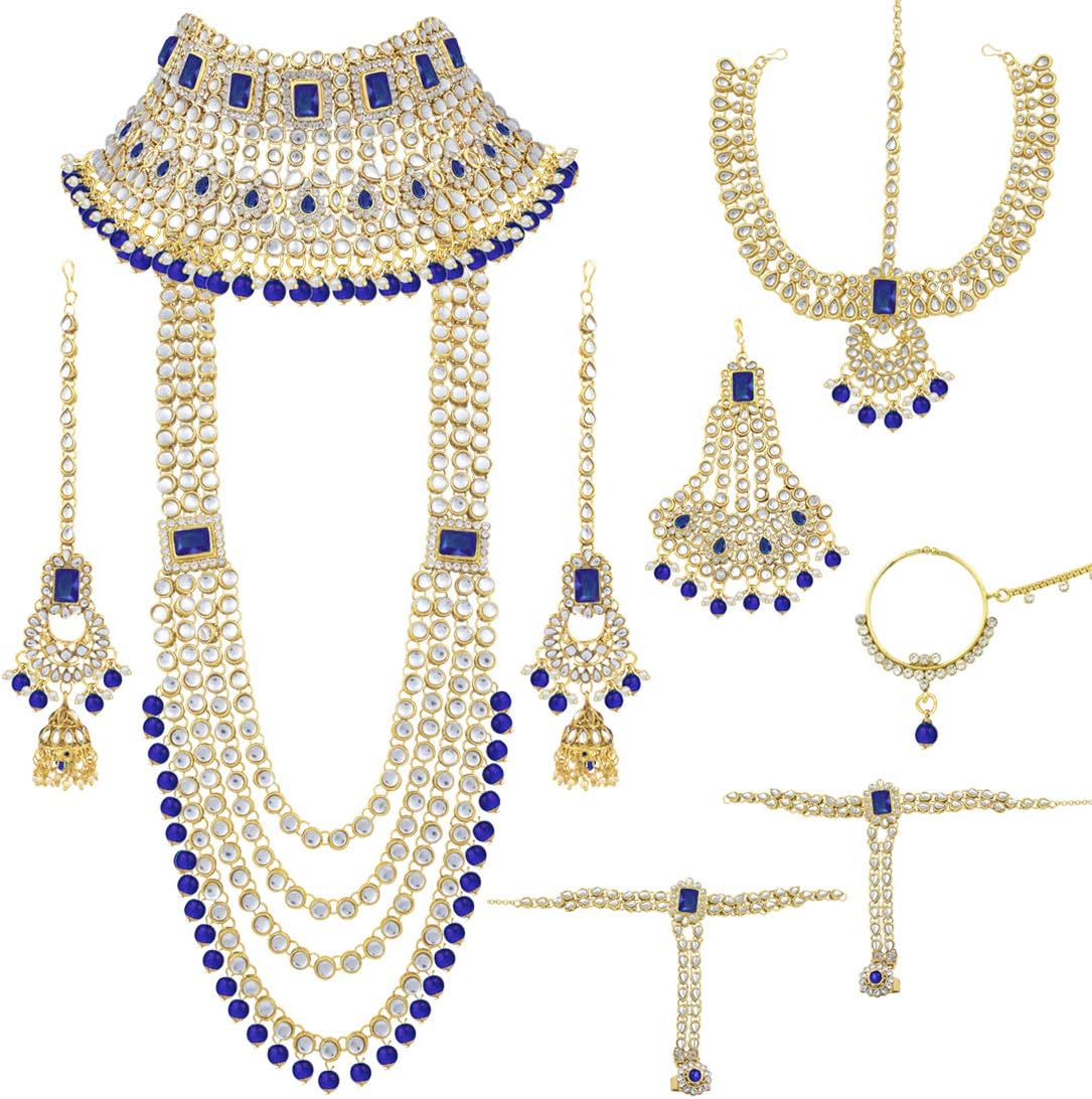 Aheli Traditional Wedding Indian Bharatanatyam jewellery set Long Choker Necklace Earrings Maang Tikka Nath Paasa Hath Phool Gift for Women
