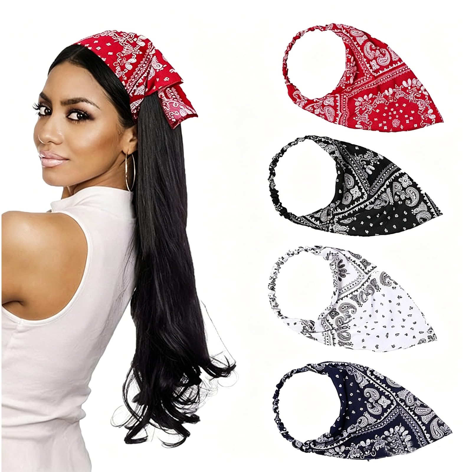 4 Pcs Floral Bandana Scarf Set, Daisy Print Women Head Scarf Collection, 1 Black, 1 Navy, 1 Wine Red, 1 White Fashion Hair Accessories for Daily Wear-image-2