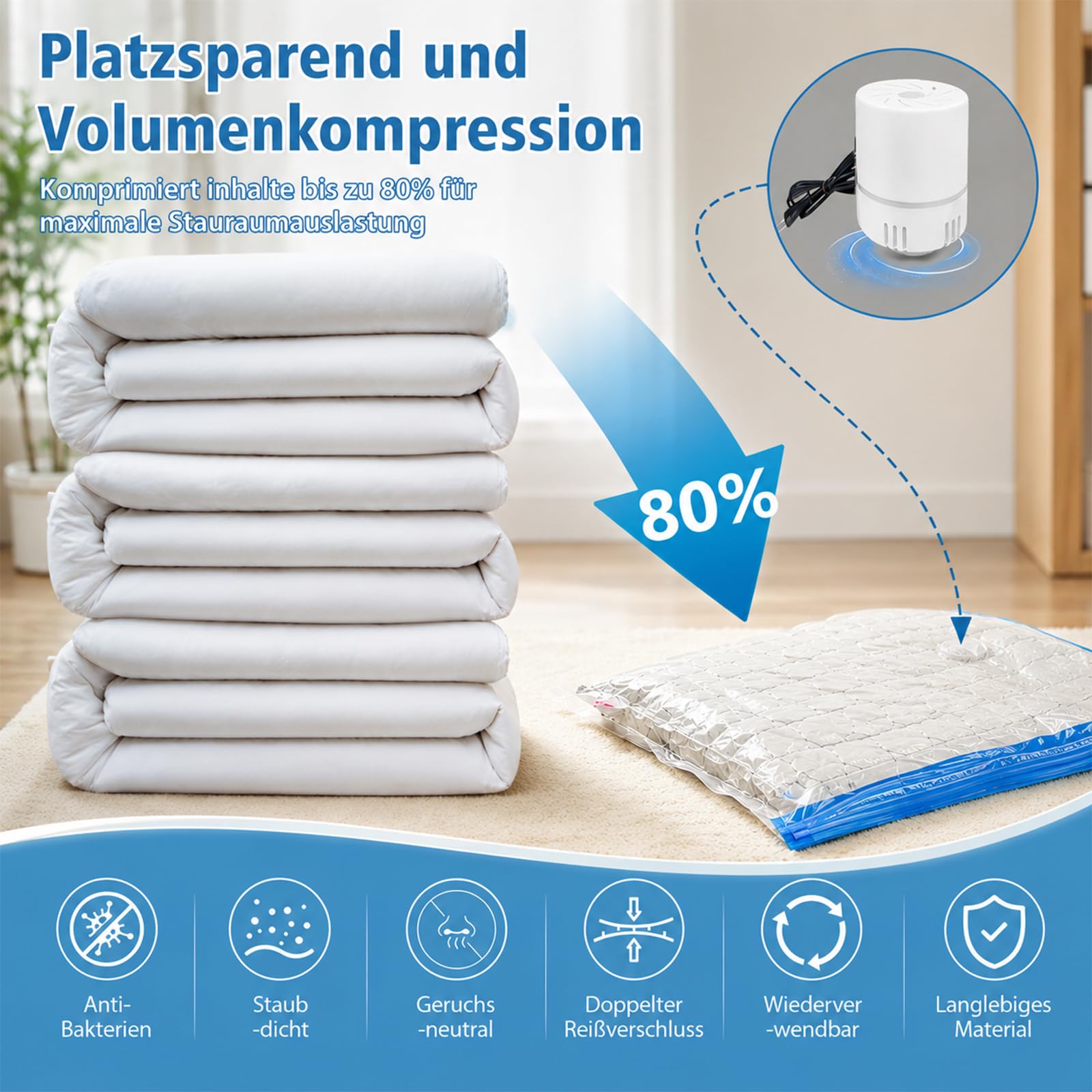 Vakuumbeutel für Kleidung 20 Stück mit Elektrischer Luftpumpe Vakuumierbeutel (5xJumbo/5xGroß/5xMittel/5xKlein) Wiederverwendbar Platzsparend Vakuumbeutel für Bettdecken,Kleidung,Reise,Kissen