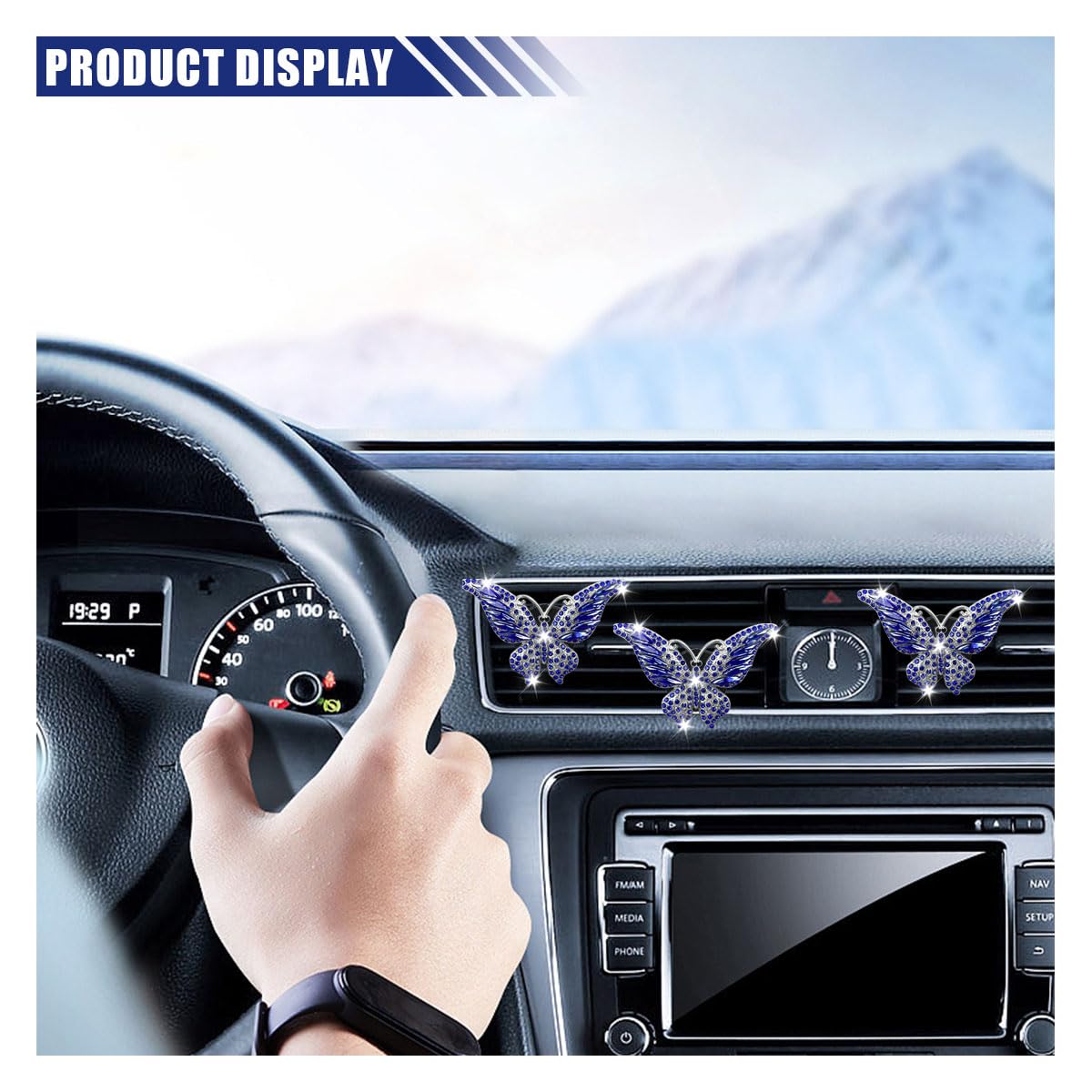 3 clip per bocchetta dell'aria dell'auto a forma di farfalla, con strass di cristallo, simpatiche clip per diffusore di aromaterapia, decorazione interna per auto, accessori per ragazze e donne (blu)