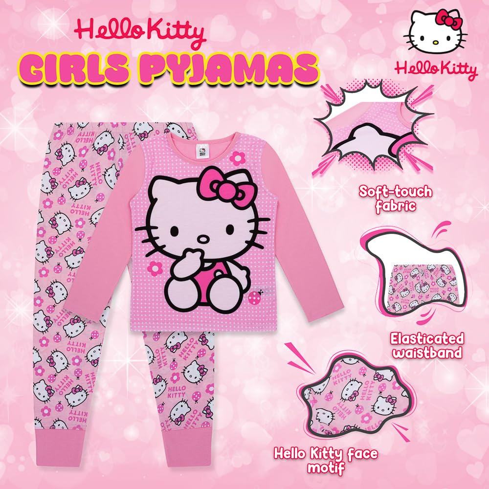 Hello Kitty Pyjama pour fille | Ensemble de pyjama rose à manches longues en coton | Vêtements de nuit officiels | Cadeaux pour filles âgées