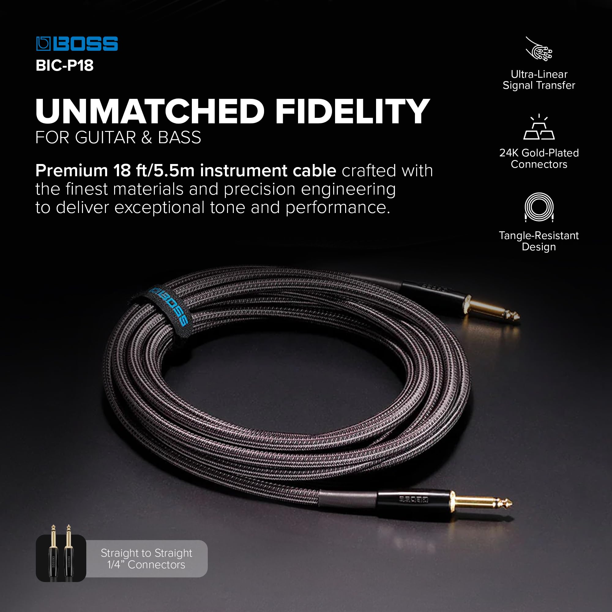 Cavo per Strumenti ad Altissima-Fedeltà BOSS BIC-P18 – 18ft / 5.5m – Spine Dritte da 1/4" con Connettori Placcati in Oro 24K – Per un suono superiore dalla vostra chitarra o basso