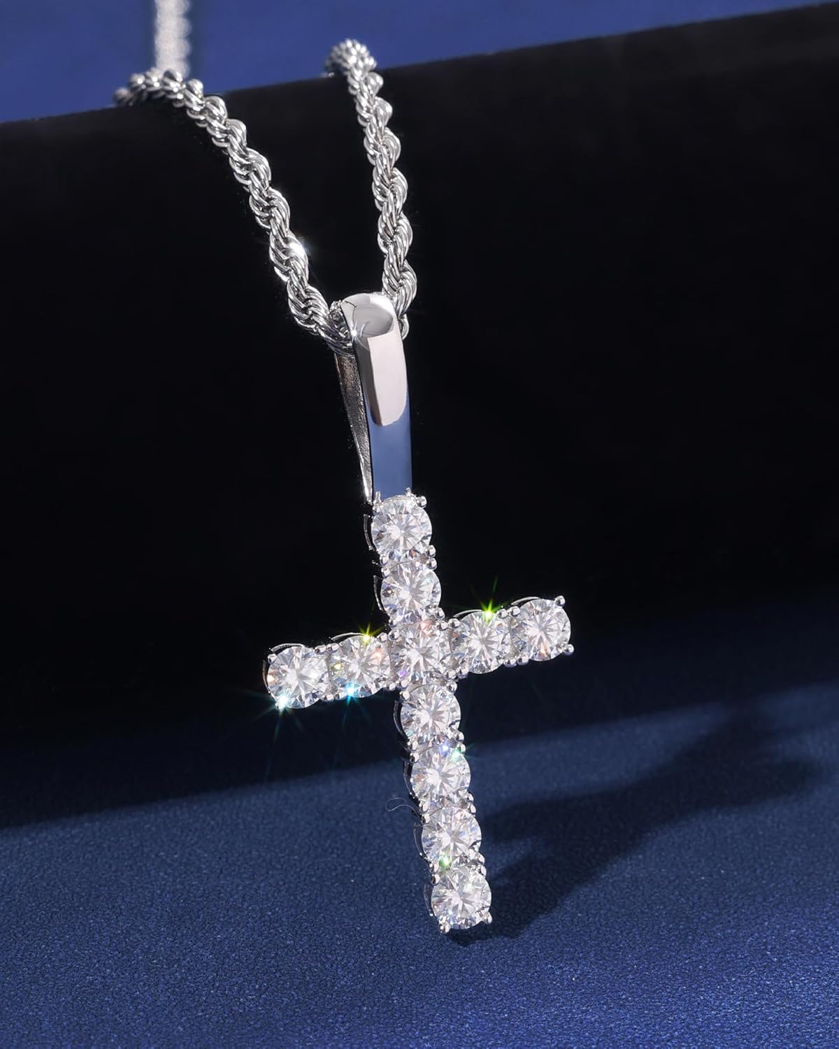 LuxeFlex 925 Silver Moissanite Cross Pendant, VVS D Clarity Moissanite Rhodium Plated White Gold Classic Cross Pendant, Hip Hop Fashion Sparkling Traditional Necklace Gift