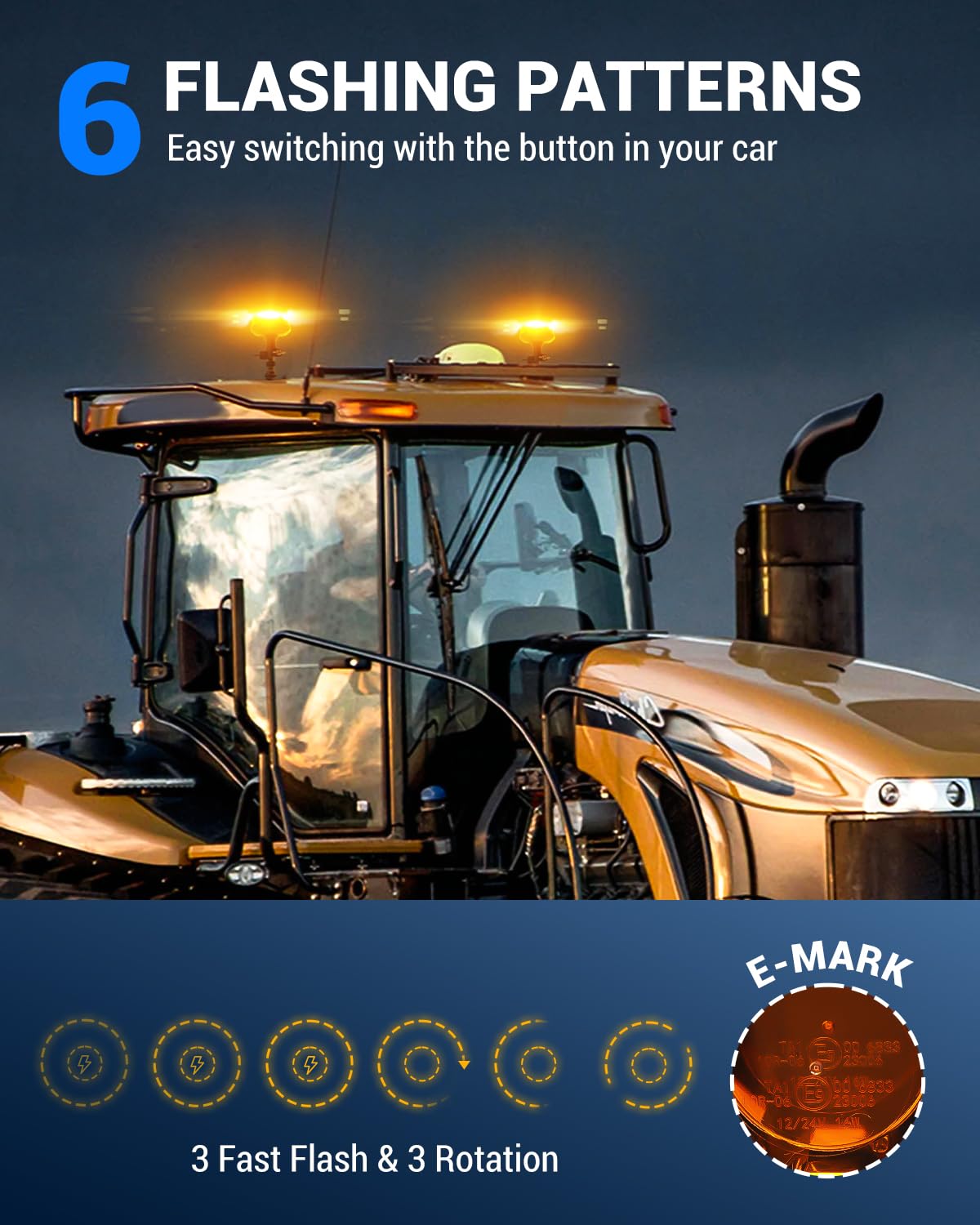 SUPAREE Lampeggiante a LED per Trattore Lampeggiante Trattore LED 12V lampeggiante per Trattore Agricolo E9 6 Modalità Lampeggianti IP67 12V-24V Ambra per Macchine Agricole (Senza interruttore) - 3