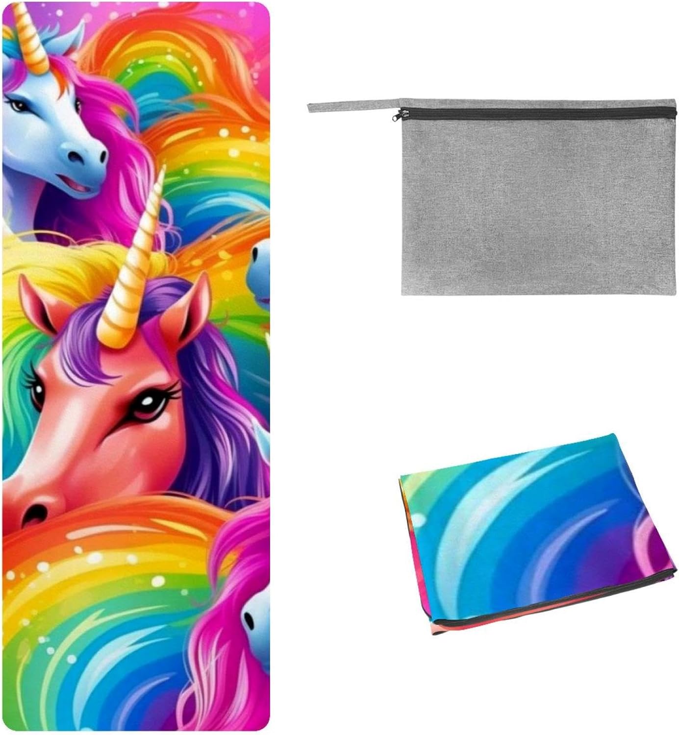 Yoga Towel, Rainbow Unicorn Pattern Non Slip Sweat Absorbent Hot Yoga Mat Towel for Hot Yoga, Pilates and Fitness - 72.8" x 26.8"