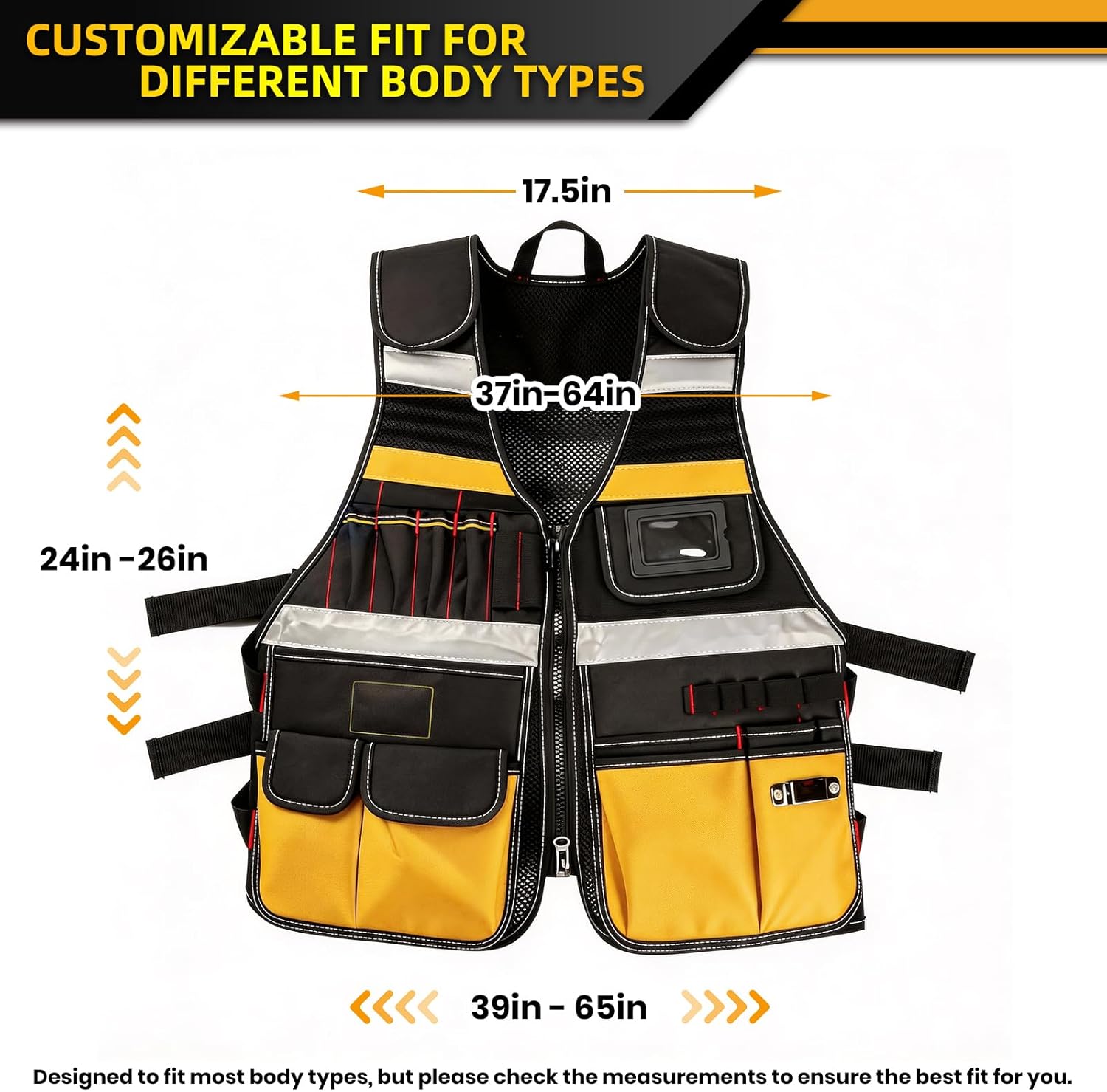 Electrician Tool Vest, Tool Vest for Men, Tool Vest Electrician with Molded Drill Holster, 17 Storage Spaces, 1680D Heavy Duty Adjustable Work Vest with Reflective Strips, Fits Chest 37"–64", Yellow
