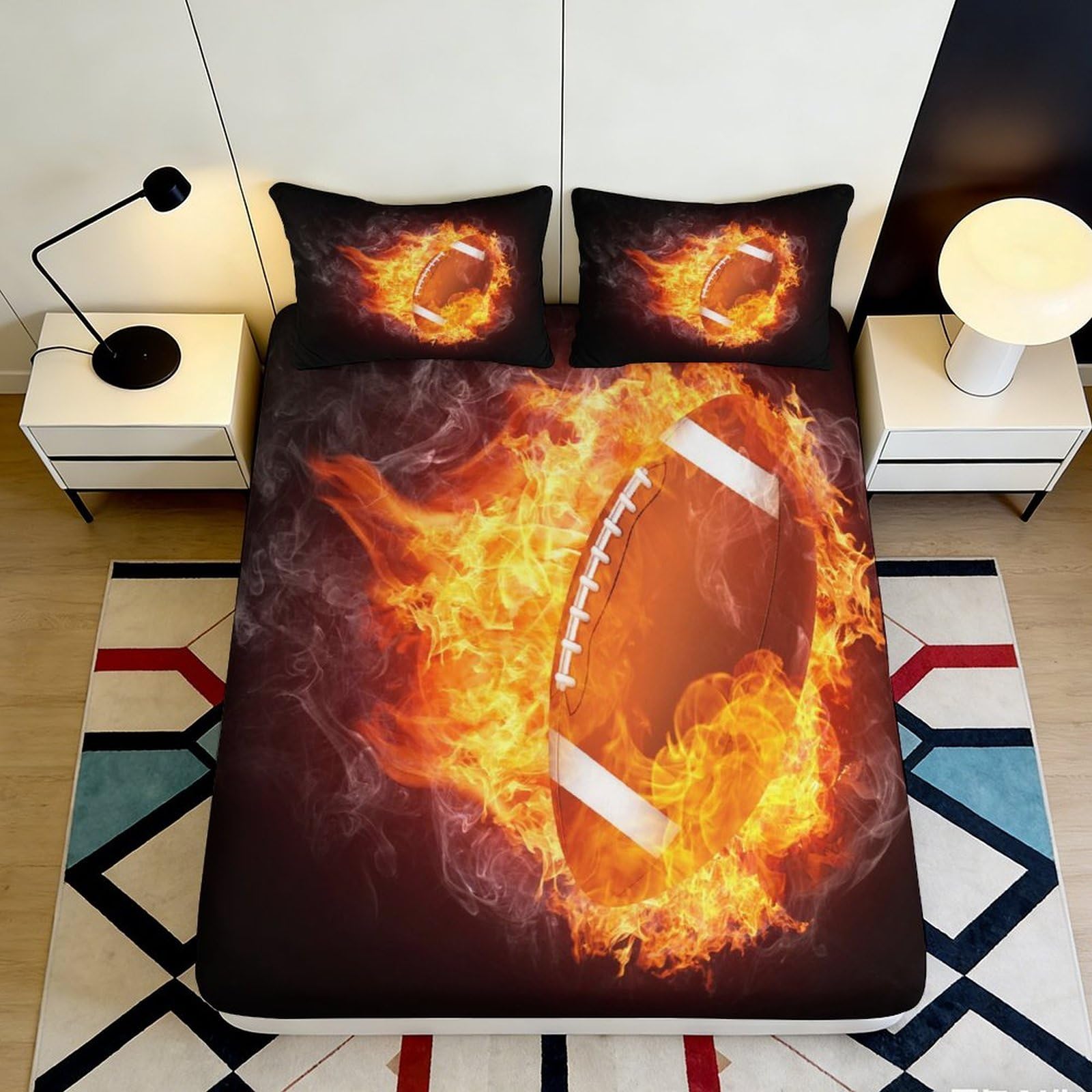 3D Printed Flaming Football Fitted Sheet Microfiber Soft Breathable Fire Sports Bed Cover for Bedroom Dorm Mattress Protection Decor 200x200x25cm