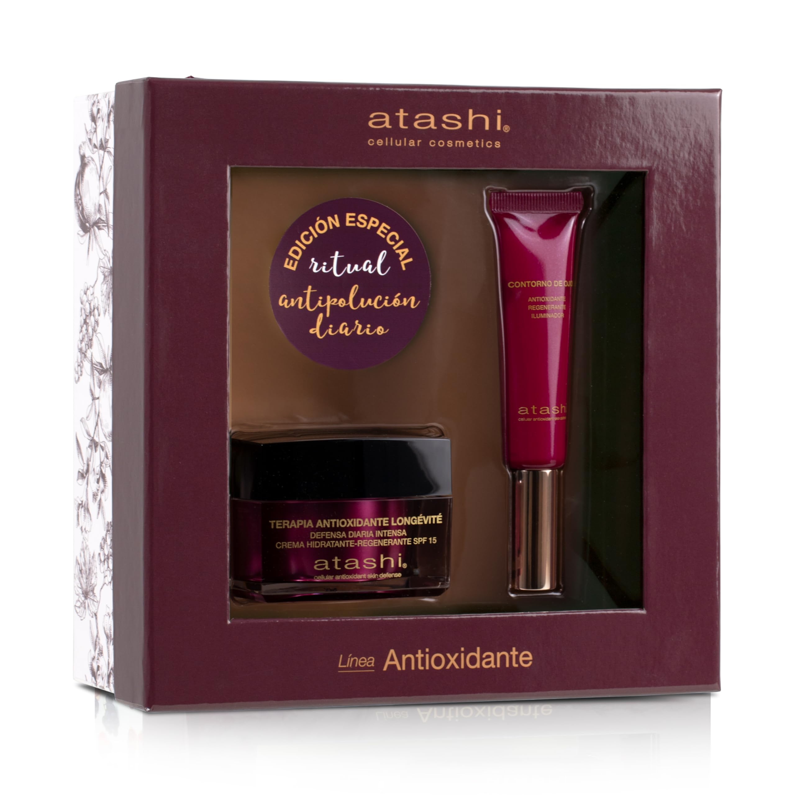 atashi Cofre de Belleza Ritual Diario Antioxidante, Crema Hidratante Regenerante SPF 15 + Contorno de Ojos Regenerante, Piel Saludable y Mirada Radiante, Vitamina C, E y CoQ10, 50ml + 15ml