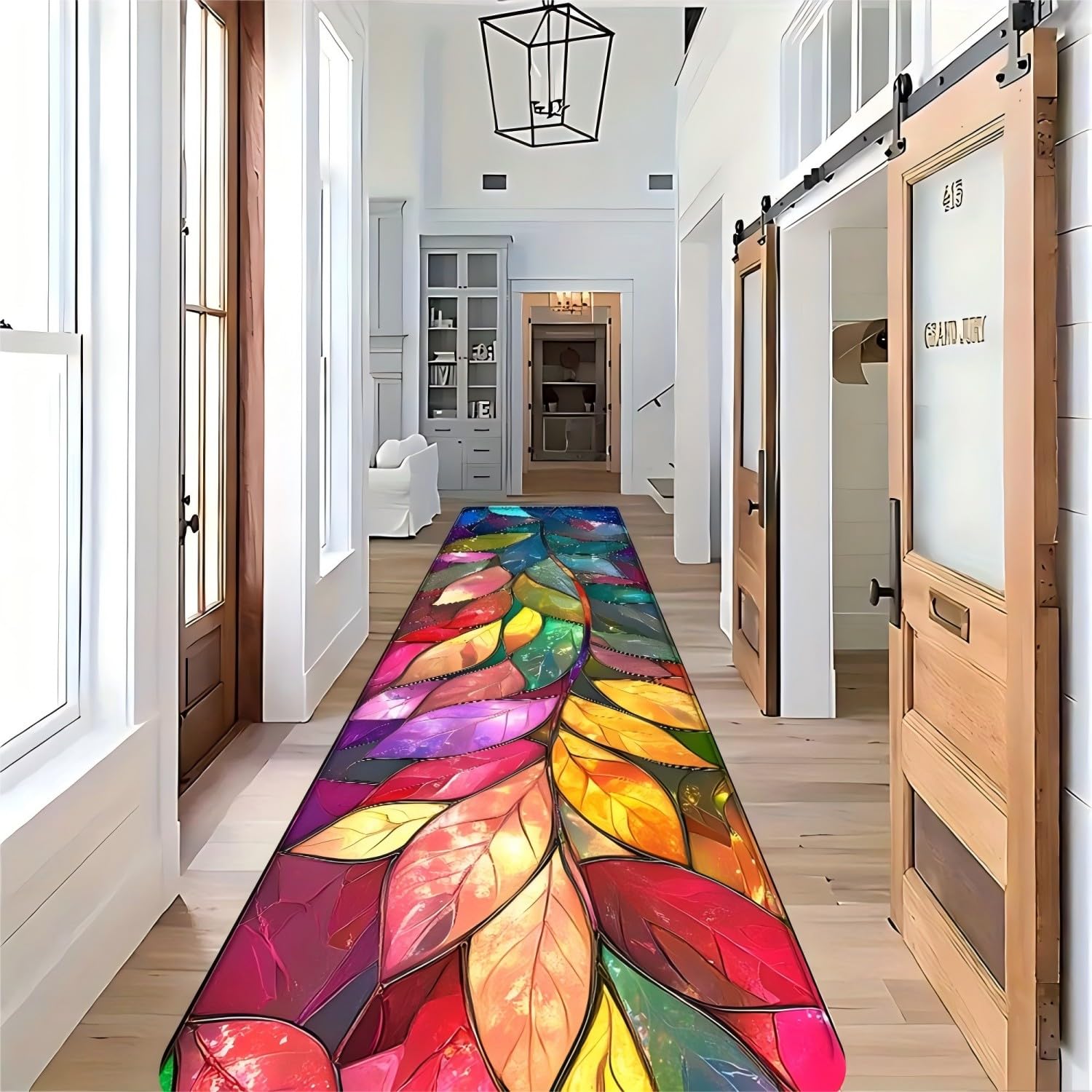 RICAUOU Modern Leaf-Patterned Hallway Runner, 80x300cm Cool 3D Effect Colorful Leaf Entrance Rug Stylish Beautiful Print Kitchen Runner Non-Slip, Washable Area Carpet for Boys' and Girls' Bedrooms